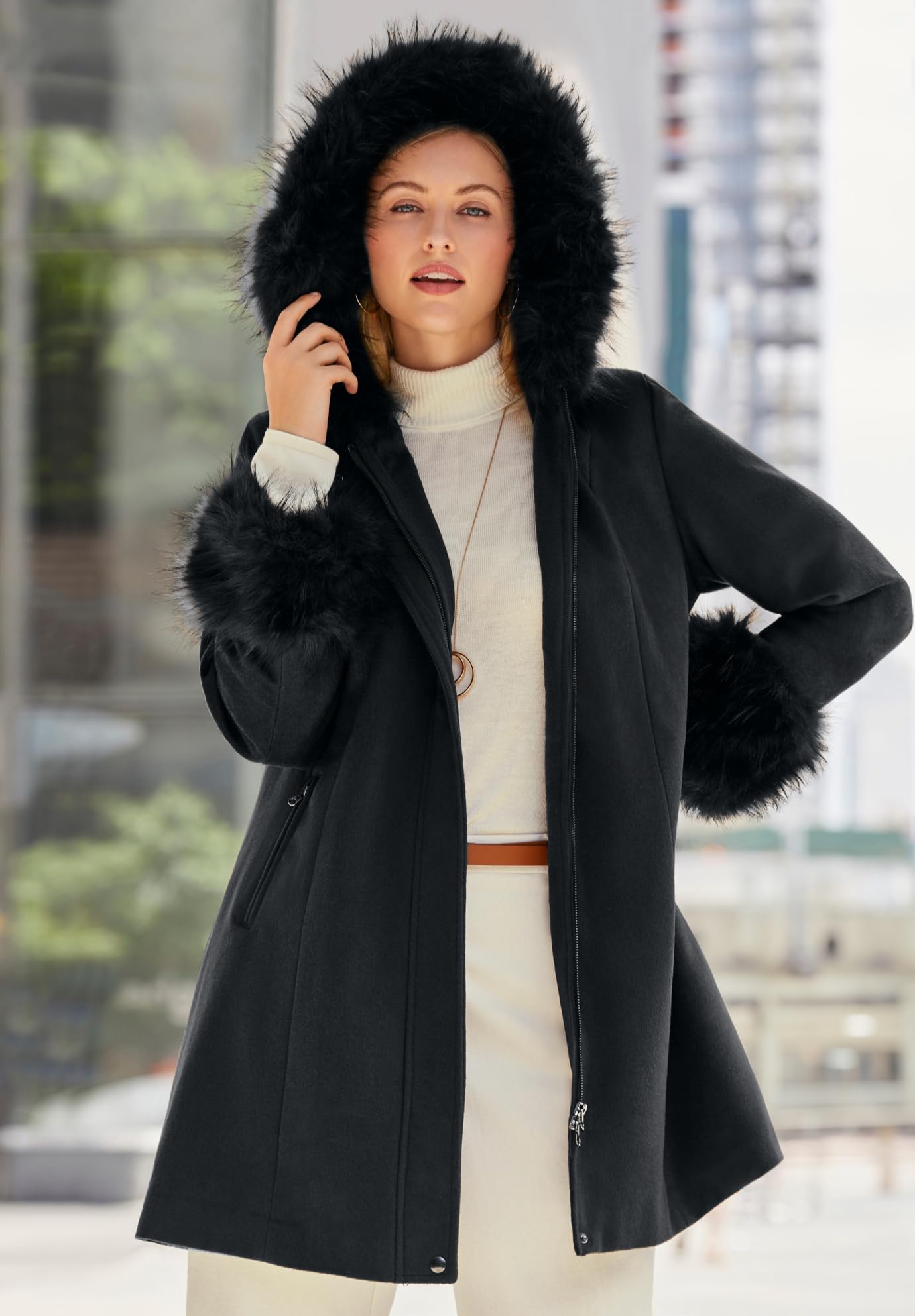 Jessica London Women's Plus Size Hooded Faux Fur Trim Coat - Warm Winter Outerwear for Casual & Dressy Occasions