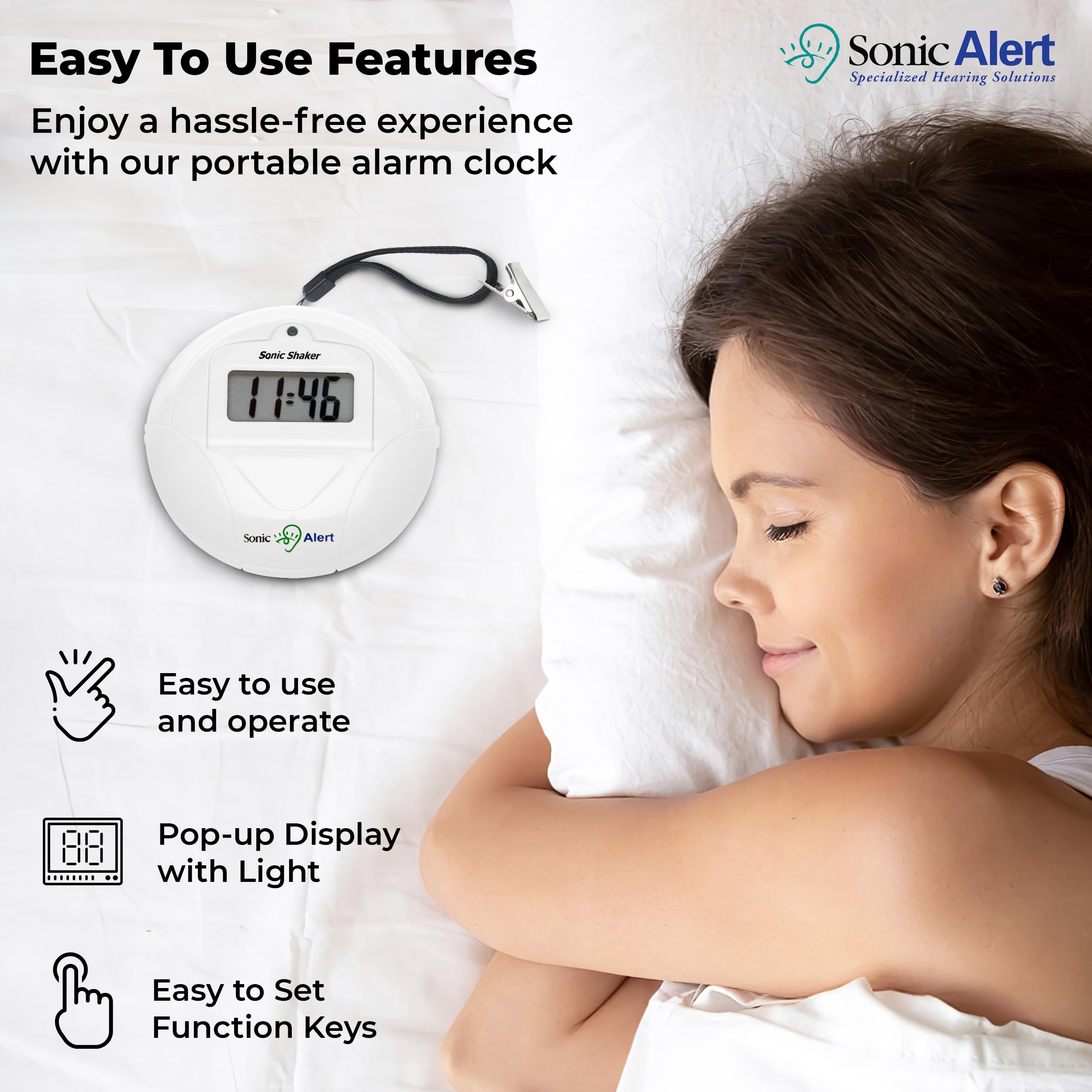 Sonic Alert Digital Alarm Clock for Heavy Sleepers - Battery Operated Vibrating Travel Alarm Clock with Bed Shaker & Under Pillow Vibration - White | Perfect for Deep Sleepers, Travel, and Hearing Impaired Users