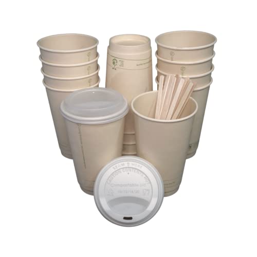 16oz Compostable Coffee Cups with Lids - 75 Pack Eco-Friendly cPLA Lids, Stirrers & Sleeves | Biodegradable Hot/Cold Drink Cups for Office, Cafes & Takeout