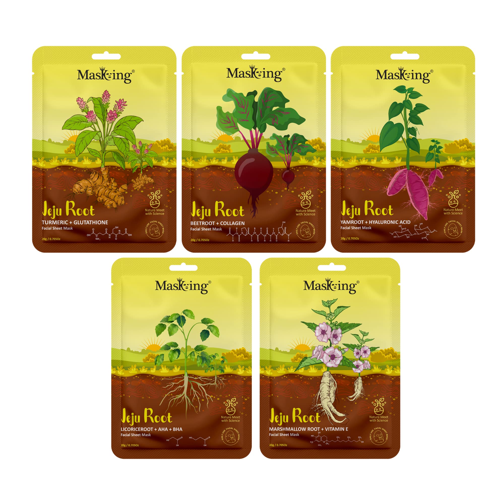 Jeju Root Face Sheet Mask Combo - Anti-Inflammatory, Anti-Aging & Calming Skincare for Men & Women (5-Pack) | Perfect for Daily Use, Spa Nights & Travel