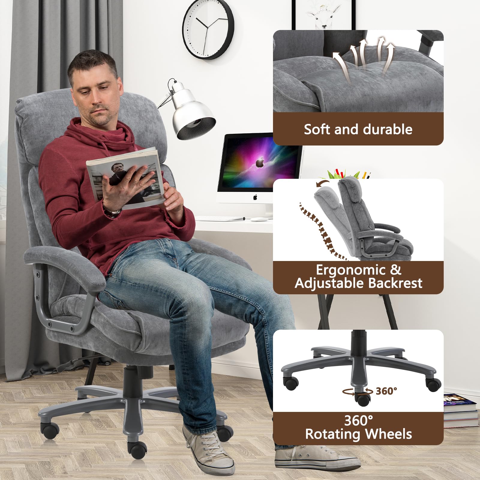 CLATINA Ergonomic Big and Tall Executive Office Chair - 400lbs Weight Capacity, Adjustable Height, Thick Padding, Headrest & Armrest - Grey Upholstered Swivel Chair for Home Office | Perfect for Long Work Hours & Comfortable Workspace