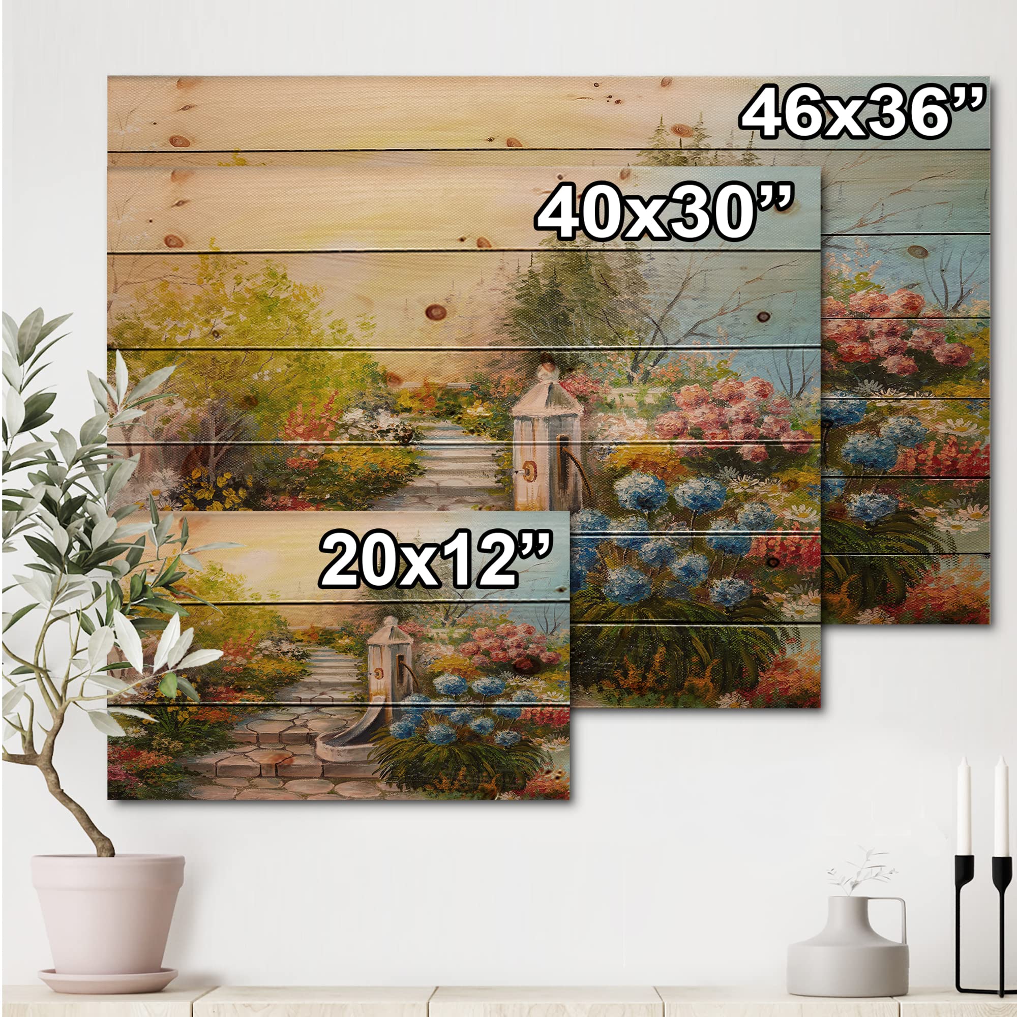 DesignQ Blossoming Forest Stone Stairs Traditional Wood Wall Art - Large Landscape Pine Wood Panel Decor for Living Room, Bedroom & Office