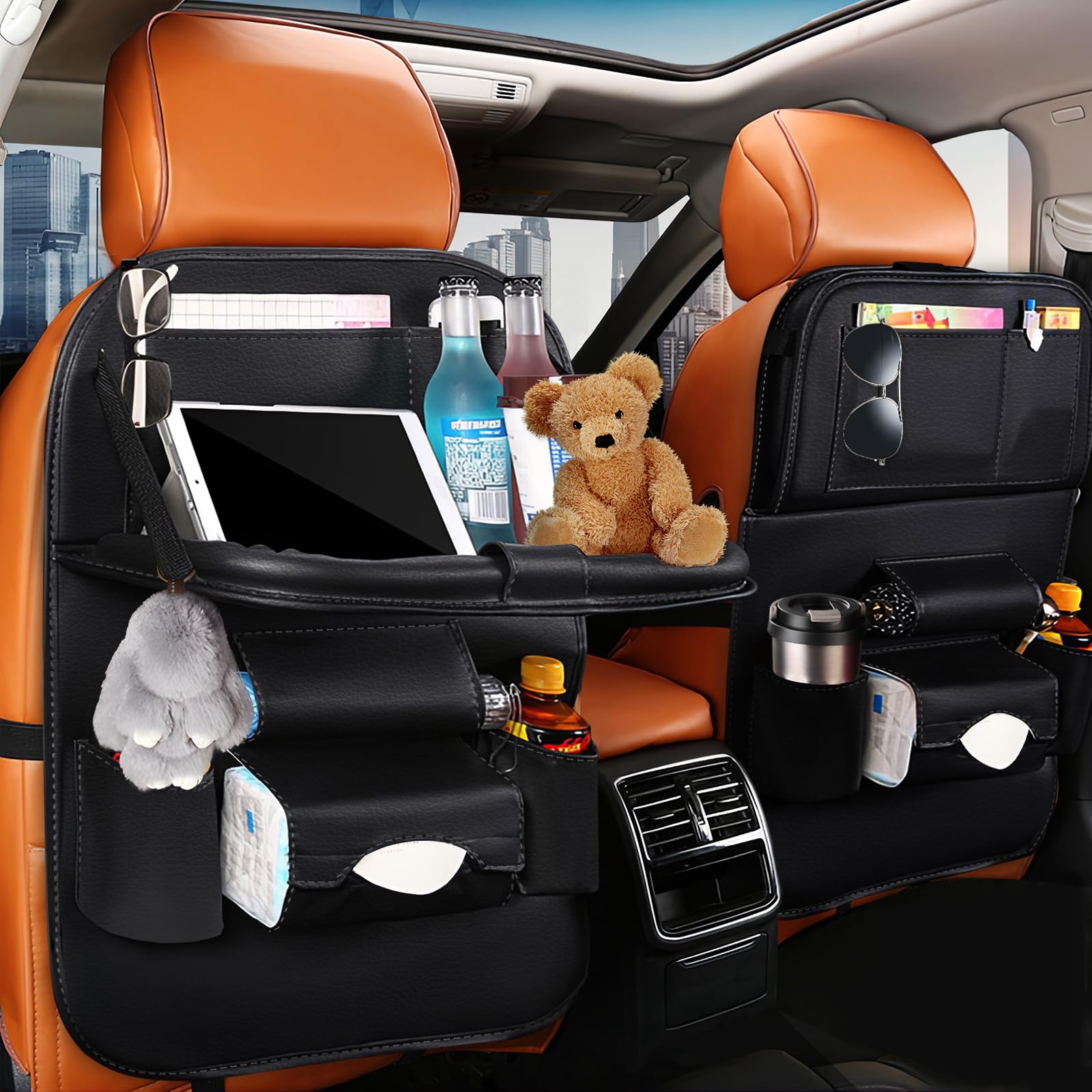 Premium Car Backseat Organizer with Tablet Holder - 2 Pack Leather Seat Organizers with 9 Storage Pockets for Kids Travel, Road Trips & Family Vacations - Perfect for Toys, Snacks, Books & Electronics