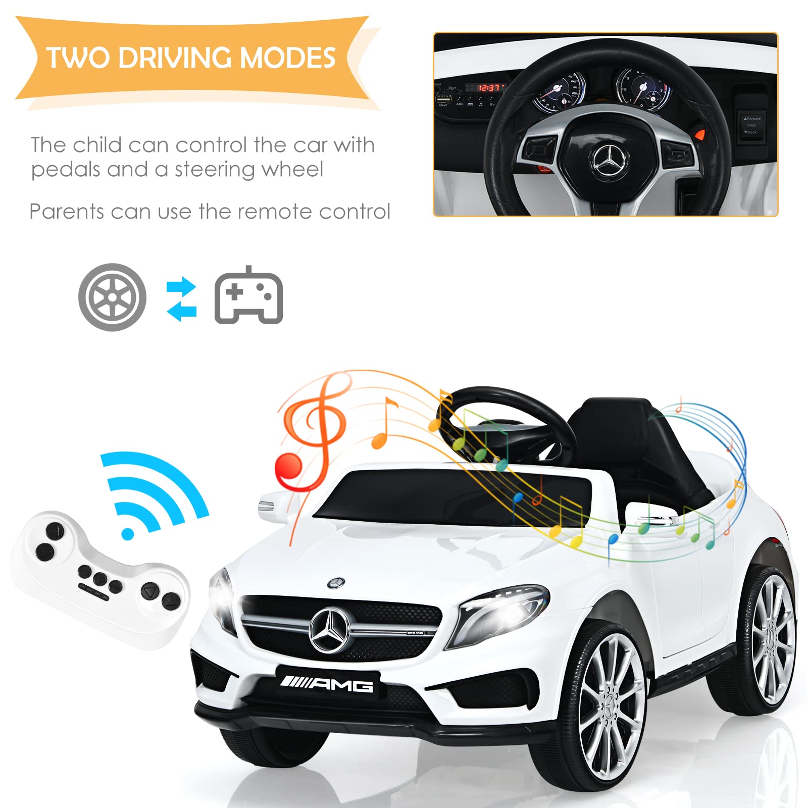 INFANS 12V Electric Kids Ride On Car - Licensed Mercedes Benz GLA45 Toy Car with Parent Remote Control, MP3 Player, USB Port, 2 Speed Modes & LED Lights - Battery Powered Toy Vehicle for Toddlers & Children (White) - Perfect for Birthday Gifts, Outdoor Play & Indoor Fun