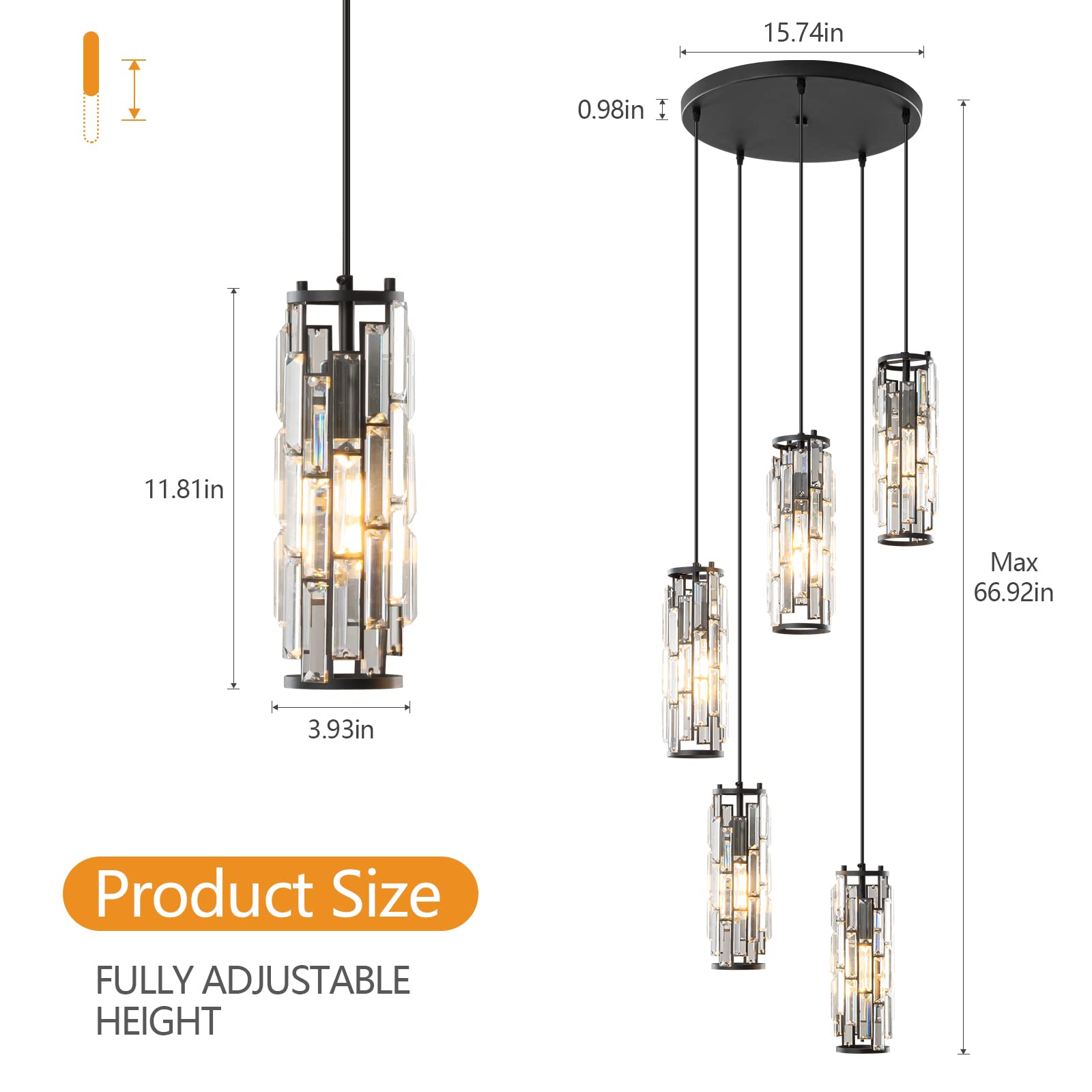 LMQNINE Modern Black Pendant Light Fixture - Adjustable 5-Light Mini Crystal Chandelier for Kitchen Island, Dining Room, Bedroom - Elegant Ceiling Lighting for Home Decor & Interior Design (Black 5-Light)