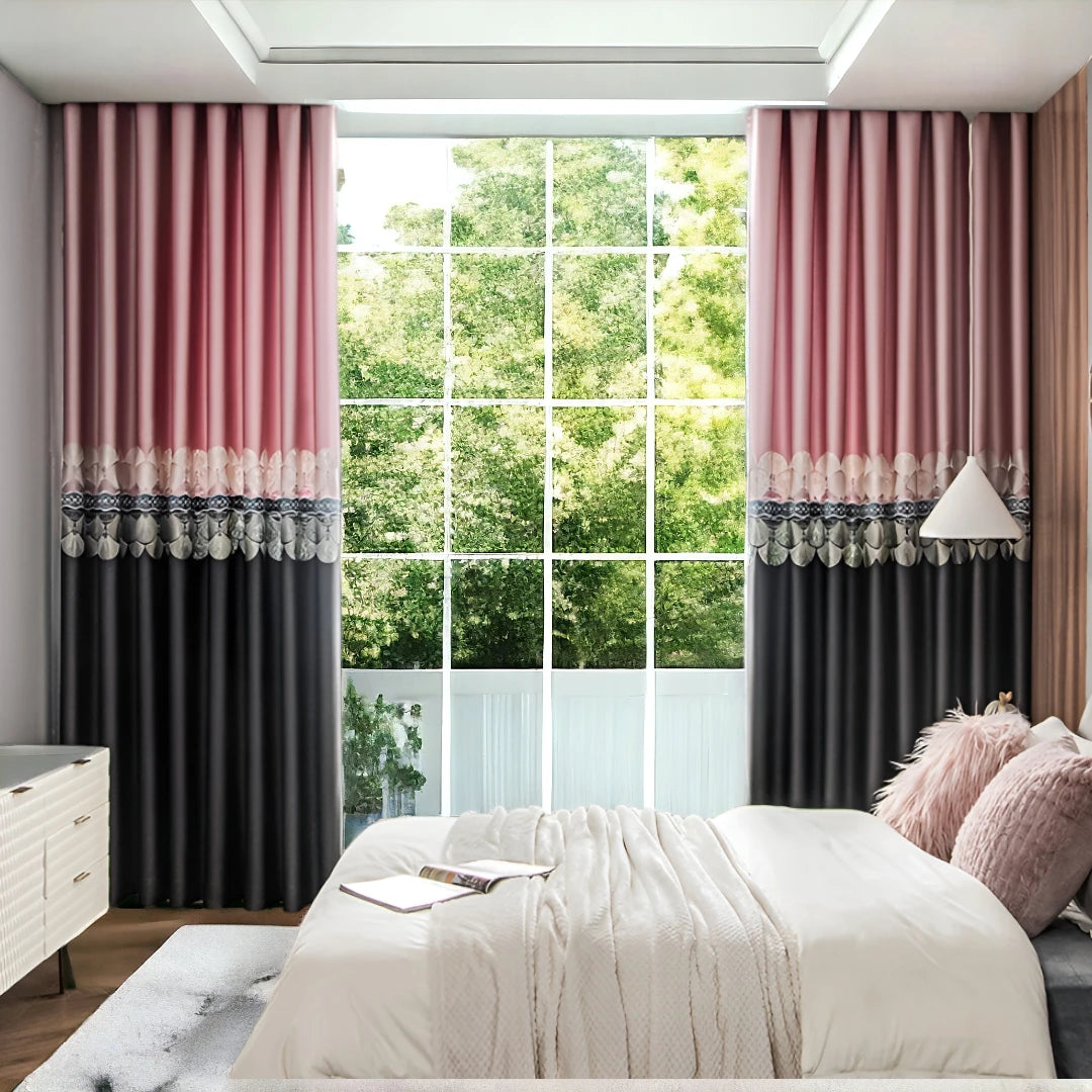 Custom Embroidered Color Blocking Soundproof Blackout Curtains - Thermal Insulated Room Darkening Drapes for Bedroom, Living Room & Home Theater