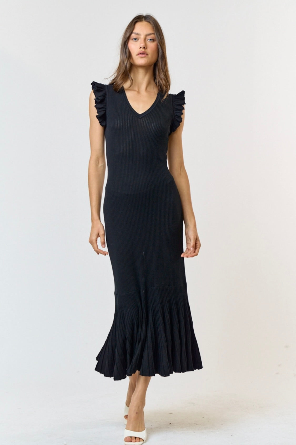 Black Ruffle Sleeve Pleated Mermaid Sweater Maxi Dress for Women - Elegant Party, Wedding Guest & Formal Occasion Outfit