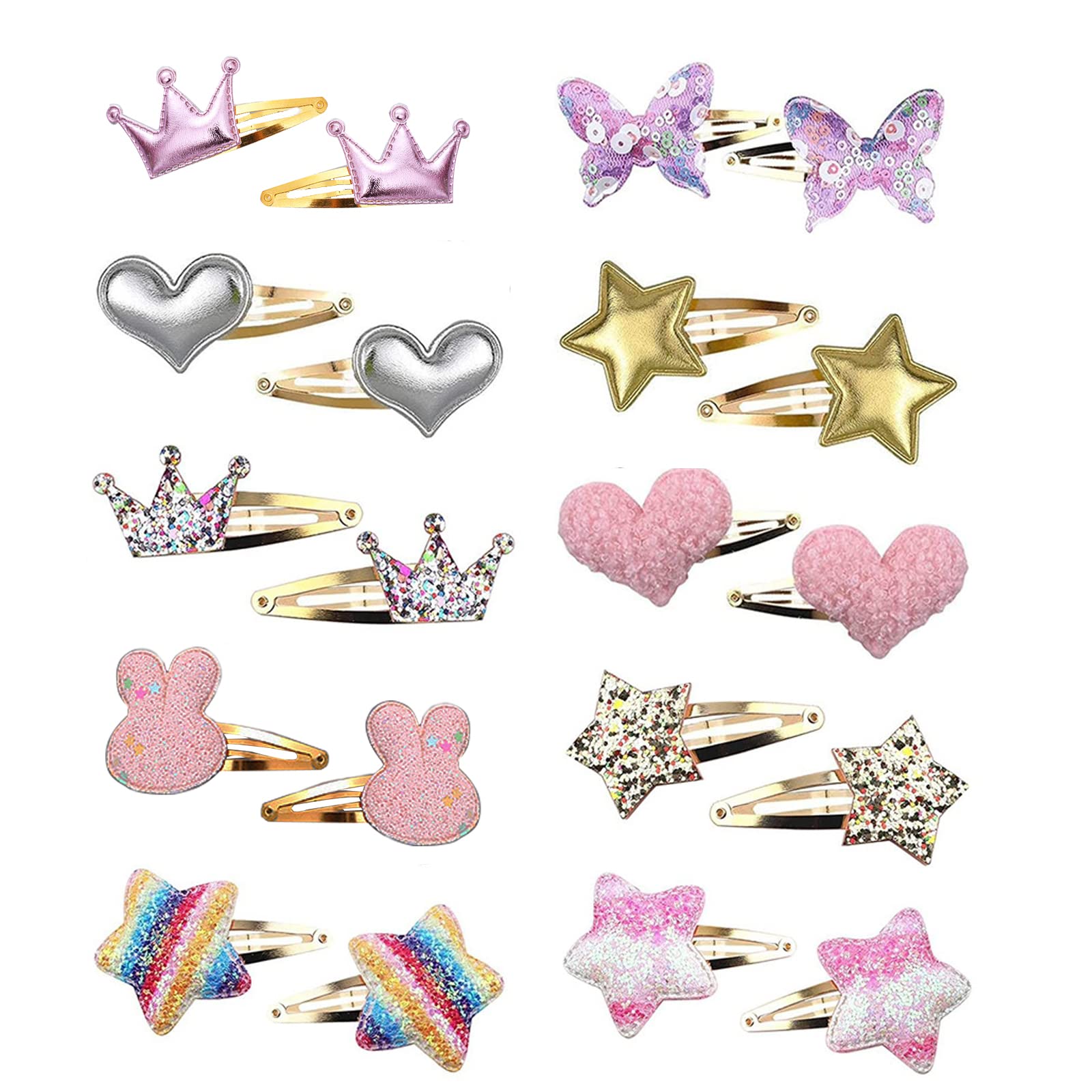 MUFEKUM 10 Pairs Girls Hair Clips - Cute Metal Snap Barrettes with Star, Butterfly, Crown, Heart & Rabbit Designs | Sparkly Hair Accessories for Kids & Toddlers | Perfect for School, Parties & Everyday Wear