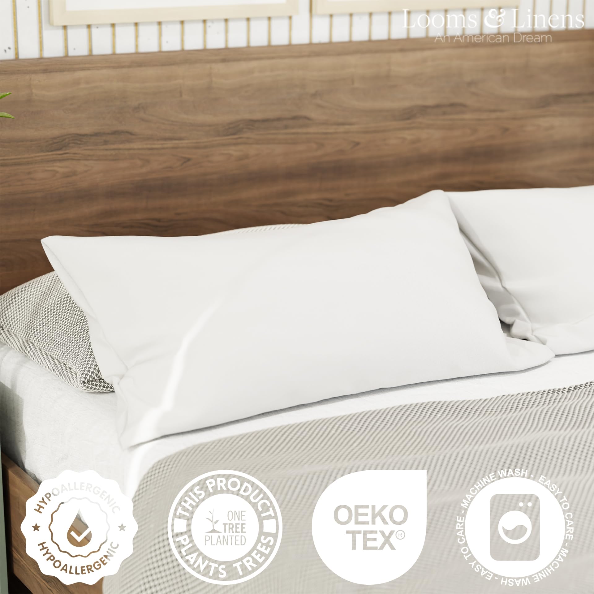 Premium Queen Size Pillow Set of 2 - 20x30 Hypoallergenic Pillow Inserts | Made in USA | Soft Sleeping Pillows with Breathable Cotton Cover by Looms & Linens | Perfect for Bedroom, Guest Room, Sofa & Daybed Decor