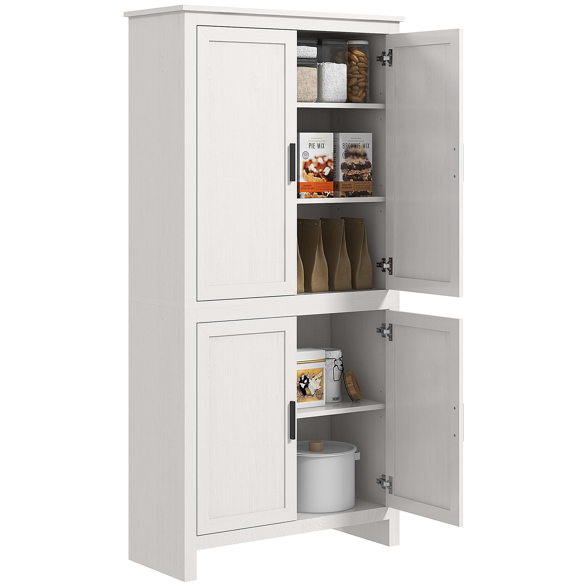 HOMCOM 64 Inch White Kitchen Pantry Cabinet - Freestanding Storage Organizer with 4 Doors & 3 Adjustable Shelves for Dining Room, Kitchen, Living Room - Perfect for Food Storage, Dishes, and Home Organization