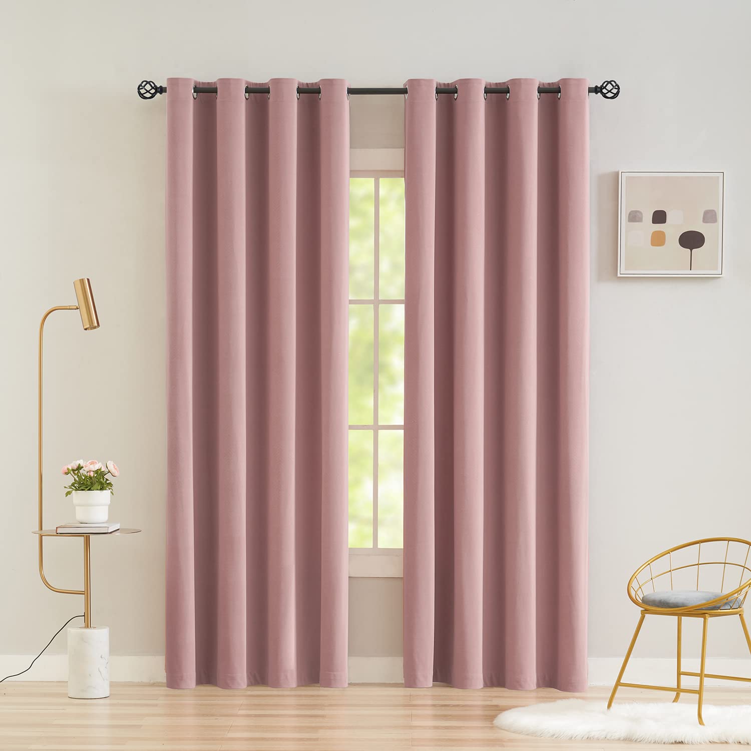 Dreaming Casa Herringbone Velvet Curtains 108 Inches Long - 2 Panels Pink Velvet Grommet Textured Drapes 52