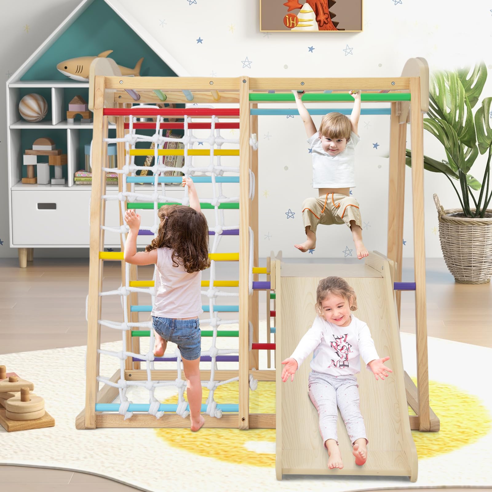 Costzon 6-in-1 Indoor Jungle Gym for Toddlers - Montessori Climbing Toys with Slide, Climbing Net & Monkey Bars - Wooden Playground Climber Playset for Kids - Perfect Gift for Birthday & Christmas - Ideal for Home Playrooms, Daycares & Preschools