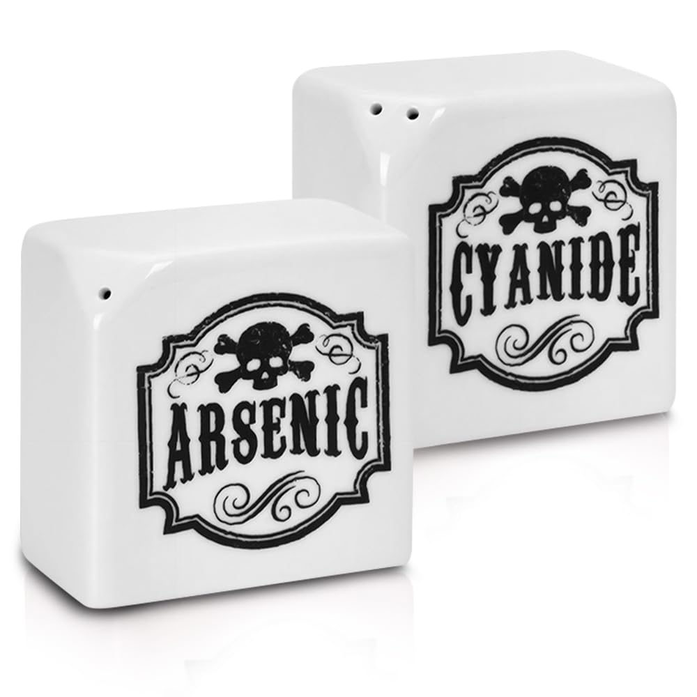 Funny Halloween Salt and Pepper Shakers - Arsenic & Cyanide Gothic Kitchen Decor for Spooky Witch Themed Parties, Goth Home Accessories, Unique Oddities & Curiosities - Perfect for Gothic Dinnerware & Halloween Table Settings (White)