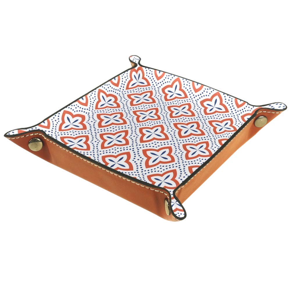Premium Leather Valet Tray - Blue & Orange Turkish Indian Print Jewelry Organizer Box for Wallets, Watches, Keys, Coins & Phones | Stylish Desktop Storage for Home & Office Décor