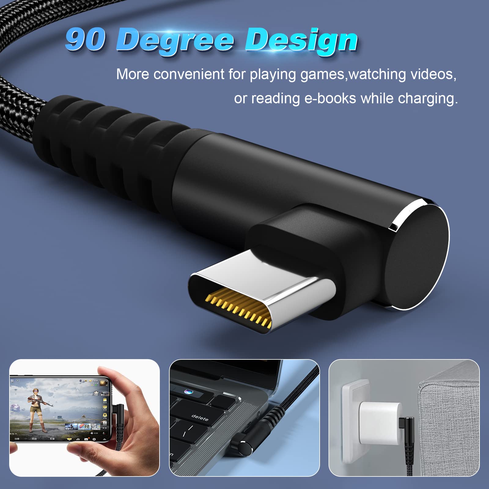 100W USB C to USB C Fast Charging Cable 1ft 3 Pack - 90 Degree Right Angle Nylon Braided Type C Cable - Compatible with MacBook Pro 2021, iPad Pro 2021, Samsung Galaxy, Google Pixel, LG - Perfect for Home, Office & Travel Charging