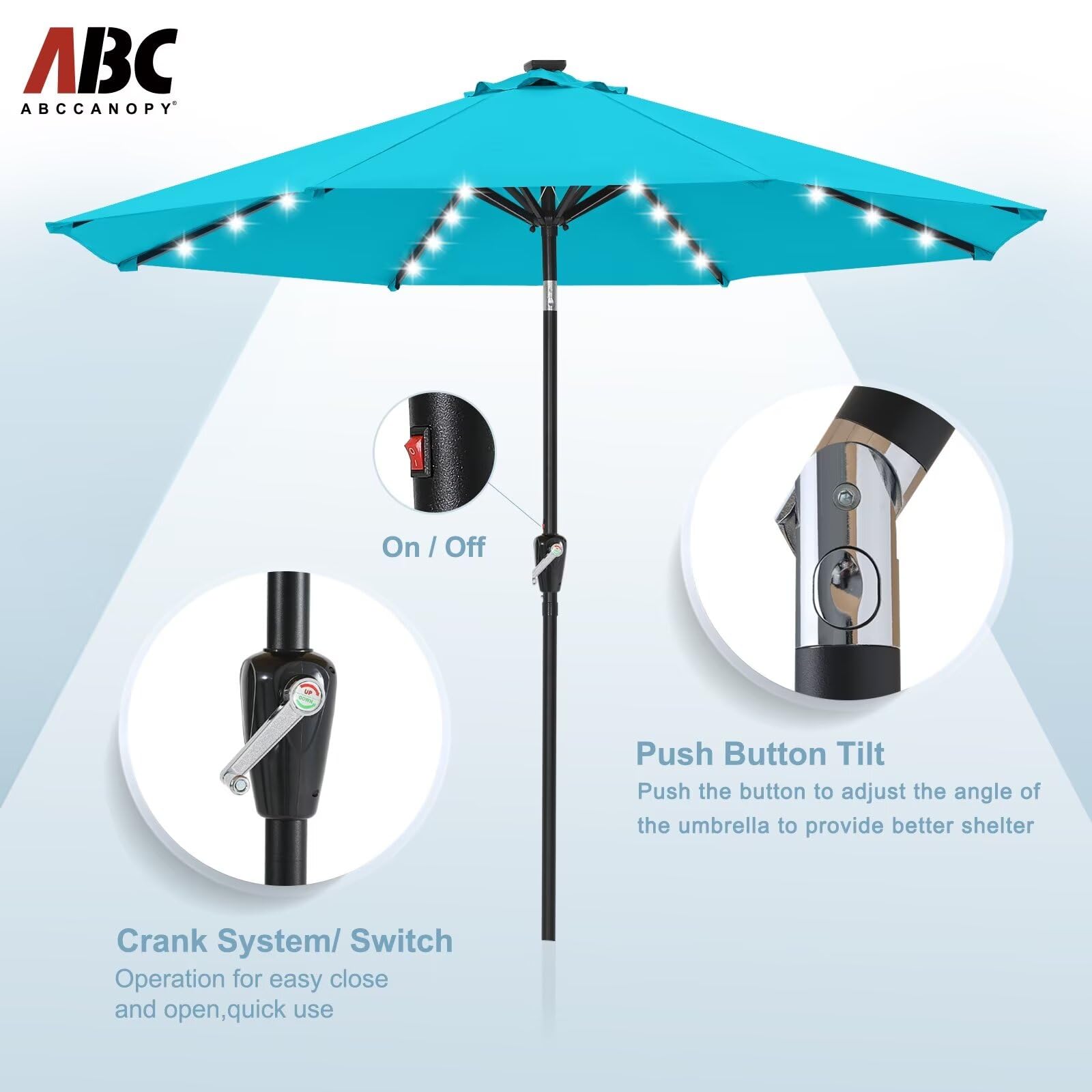 ABCCANOPY 11FT Solar LED Patio Umbrella with 32 LED Lights - Durable Outdoor Shade Umbrella for Garden, Poolside & Backyard (Turquoise) | Weather-Resistant & Energy Efficient for Patio, Deck & Outdoor Dining