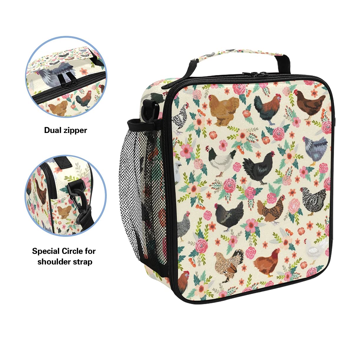 CHIFIGNO Insulated Lunch Bag for Women - Water-Resistant Thermal Tote with Floral Chicken Design, Soft Liner Cooler Bag for Work, School & Picnics | Perfect Lunch Box for Girls & Office Professionals