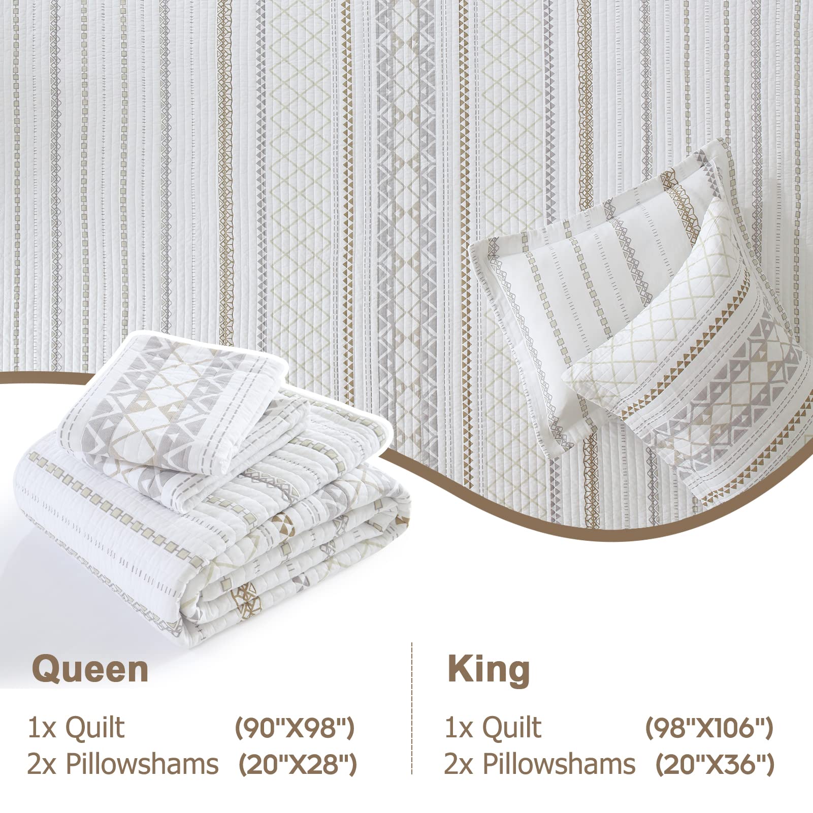 Finlonte Queen Size Bohemian Quilt Set - 3 Piece White & Grey Brown Striped Printed Bedspread for All Seasons | Soft Boho Bedding for Master Bedroom, Guest Room & Dorm Decor