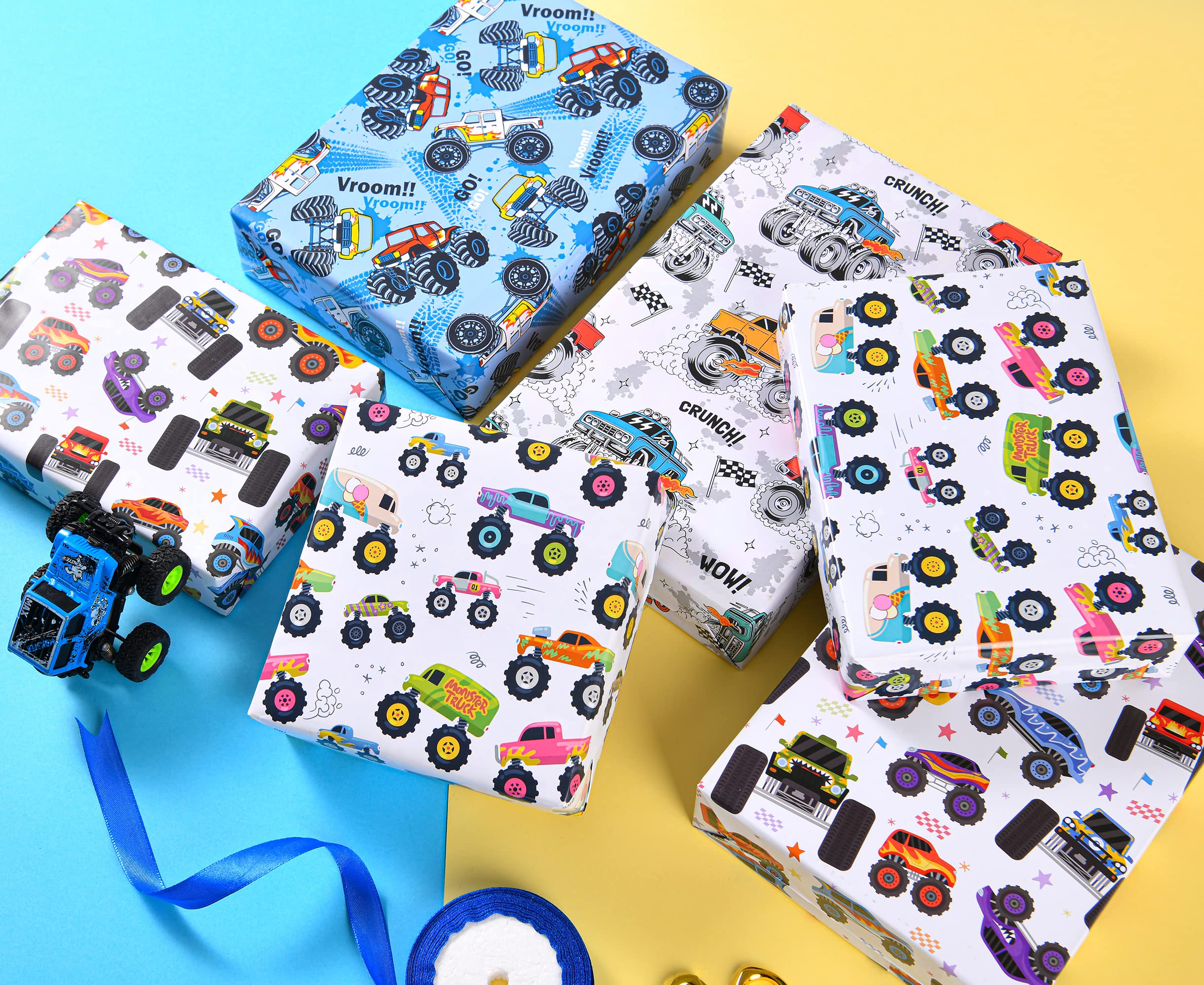 Titiweet Monster Truck Wrapping Paper for Boys - 12 Sheets Racing Car Gift Wrap (20x28 Inches) for Christmas, Birthday & Holidays | Perfect for Kids' Parties, Gifts & Toy Car Enthusiasts