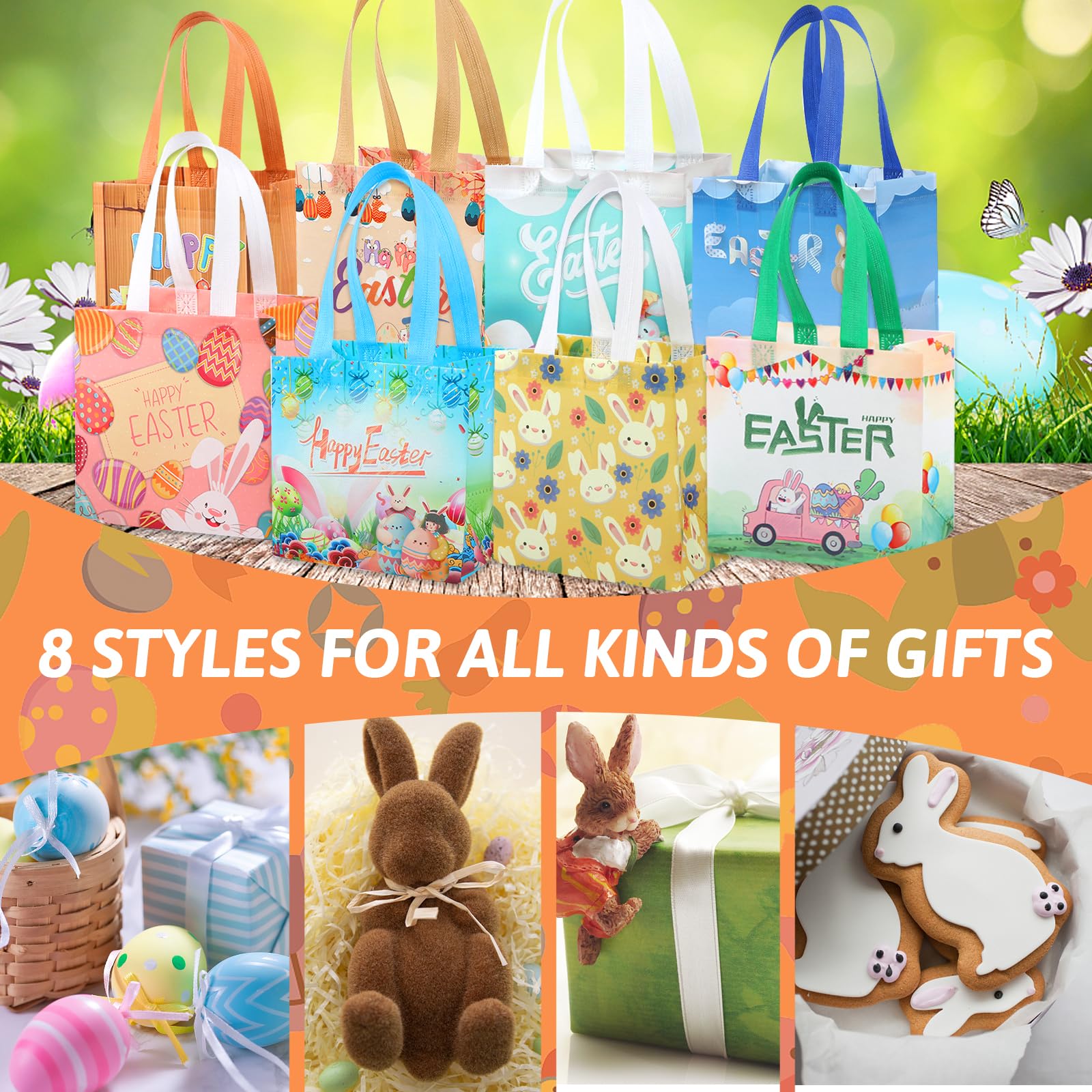 Easter Gift Bags 8Pcs - Reusable Bunny Egg Non-Woven Tote Bags with Handles for Kids Party, Easter Basket Stuffers, Holiday Favors & Treat Bags - Perfect for Easter Egg Hunts, Classroom Rewards & Spring Celebrations