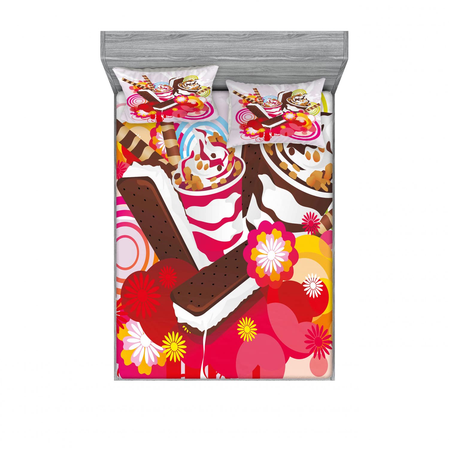 Ambesonne 4-Piece Queen Size Ice Cream Themed Bedding Set - 2 Fitted Sheets & 2 Pillow Shams with Floral Dessert Pattern, Colorful Home Decor for Sweet Dreams | Perfect for Teen Girls' Rooms, Ice Cream Themed Parties, and Summer Bedroom Makeovers