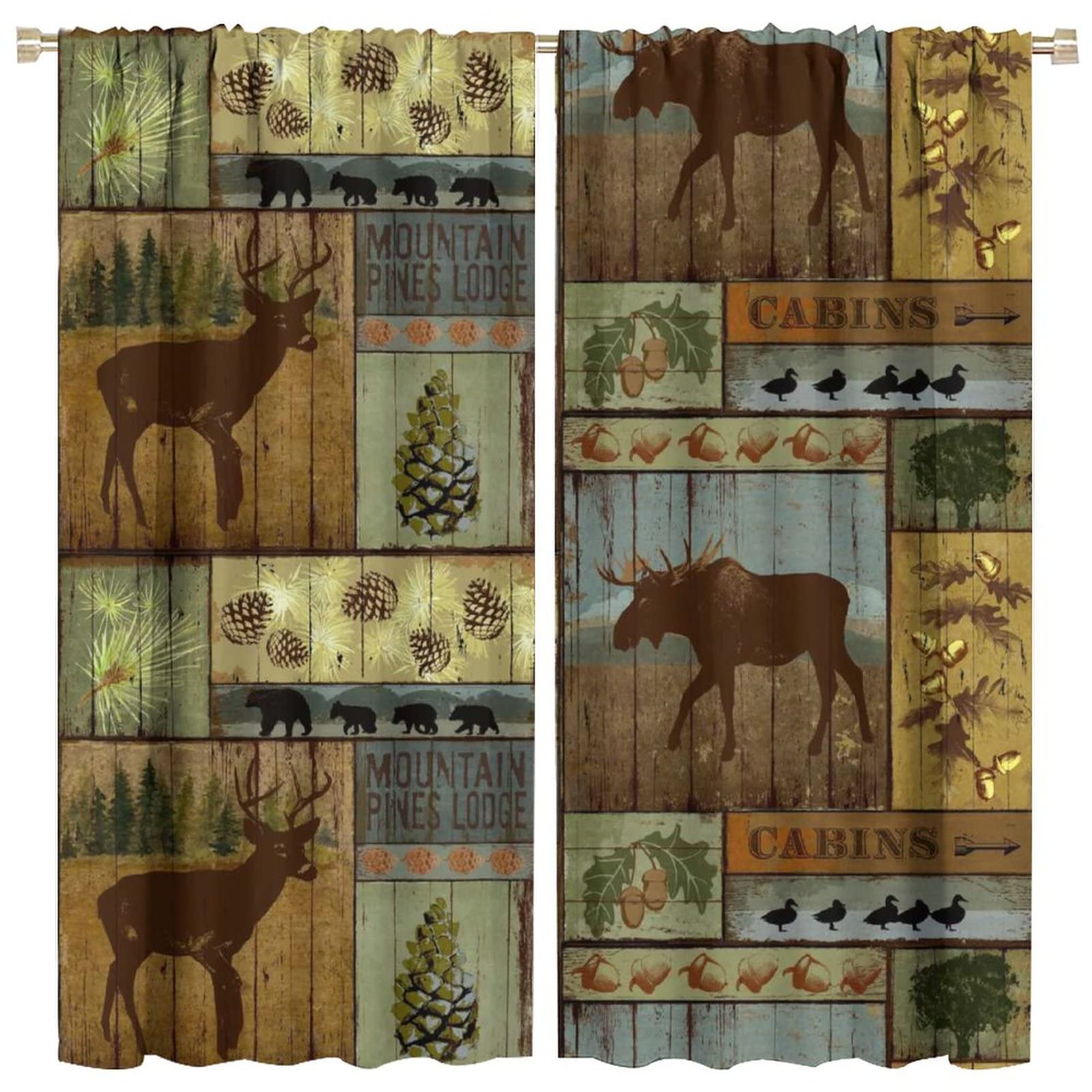 Vintage Retro Cabin Curtains - Rustic Deer & Bear Design Farmhouse Window Drapes for Lake House & Country Lodge (42x45 inches) | Blackout Curtains for Bedroom, Living Room & Cabin Decor