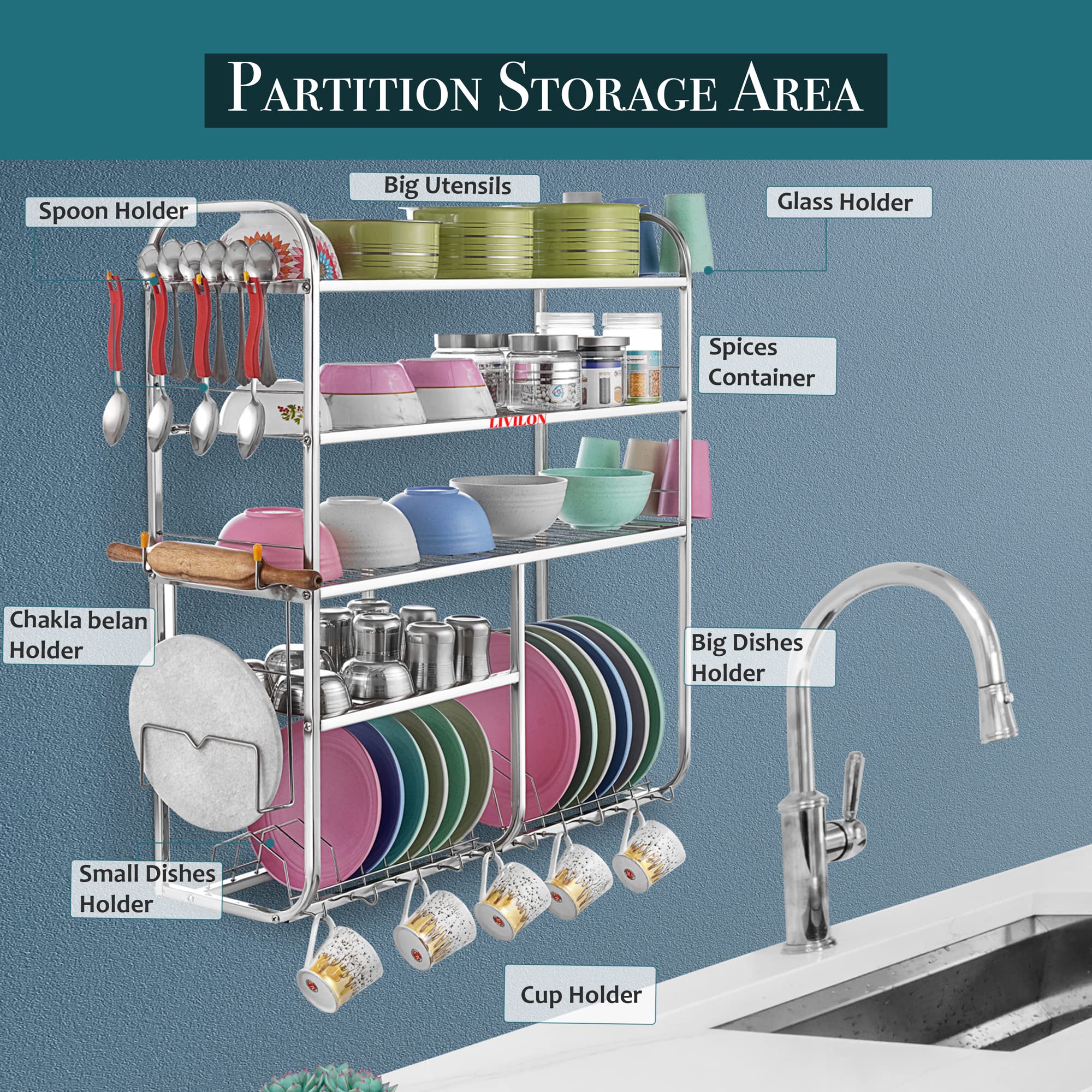 Stainless Steel Wall Mount Kitchen Utensil Rack - 5 Shelf Dish Organizer for Spoons, Plates & Cutlery (31x30x10 Inches) - Space Saving Kitchen Storage Solution for Small Apartments & Organized Cooking Spaces