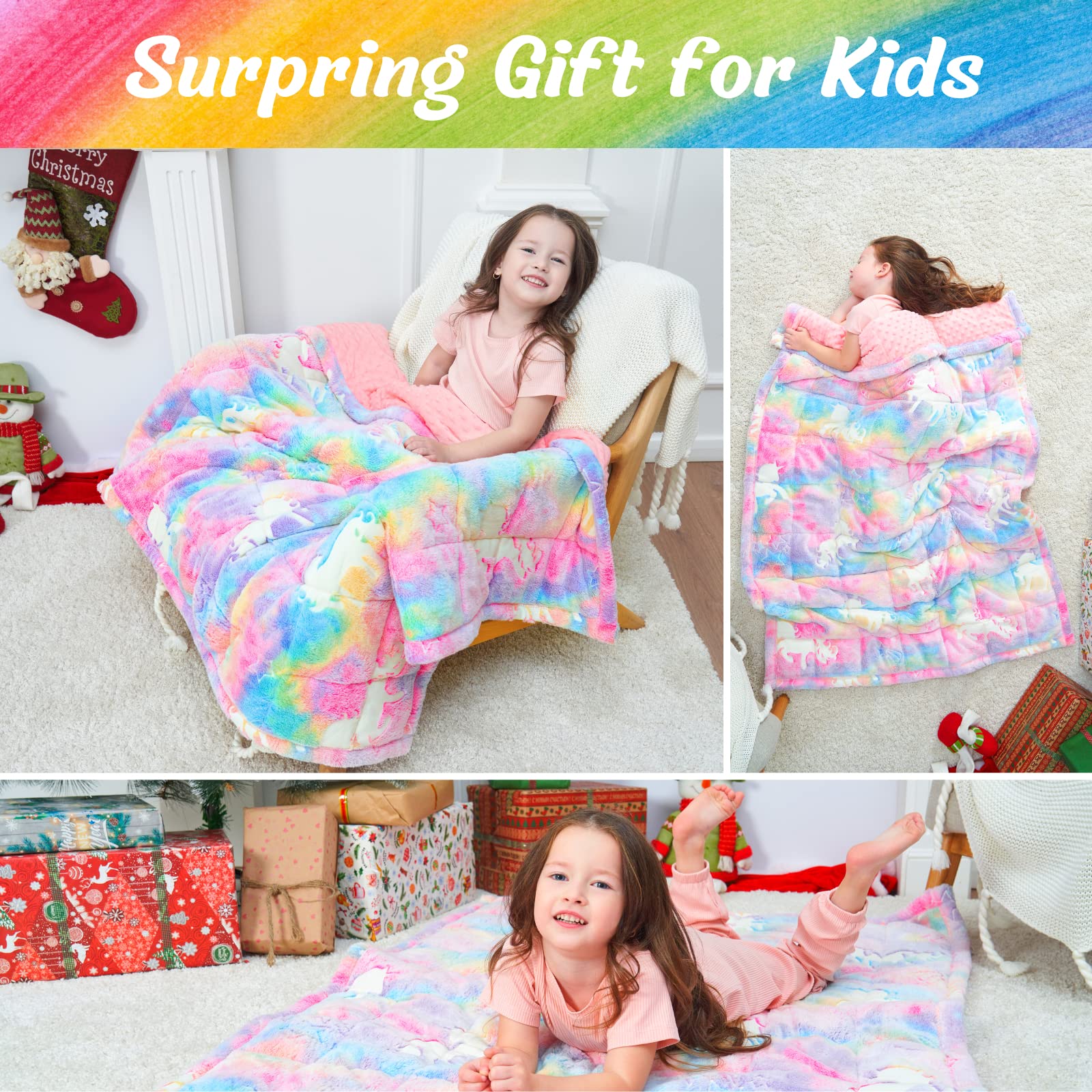 Bood Glow Flannel Weighted Blanket for Kids - 7 lbs Glow in The Dark Rainbow Unicorn Blanket | Soft & Comfortable Weighted Blanket for Children & Girls | Perfect for Bedtime, Anxiety Relief & Sensory Needs