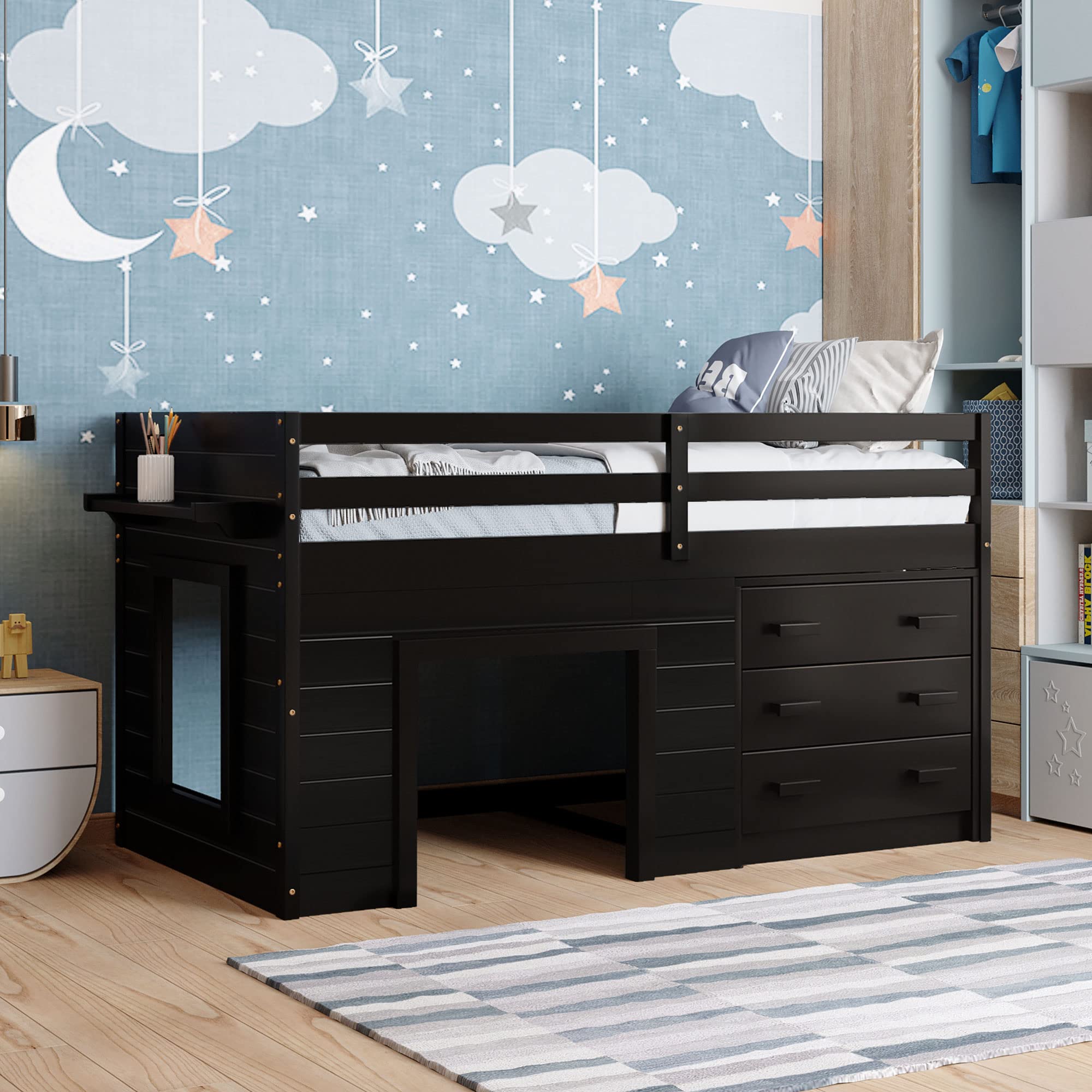 Twin Size Loft Bed with 3 Wide Drawers & Storage Shelf - Sturdy Wooden Bunk Bed for Teens, Kids & Small Spaces - Perfect for Dorm Rooms, Apartments & Bedroom Organization