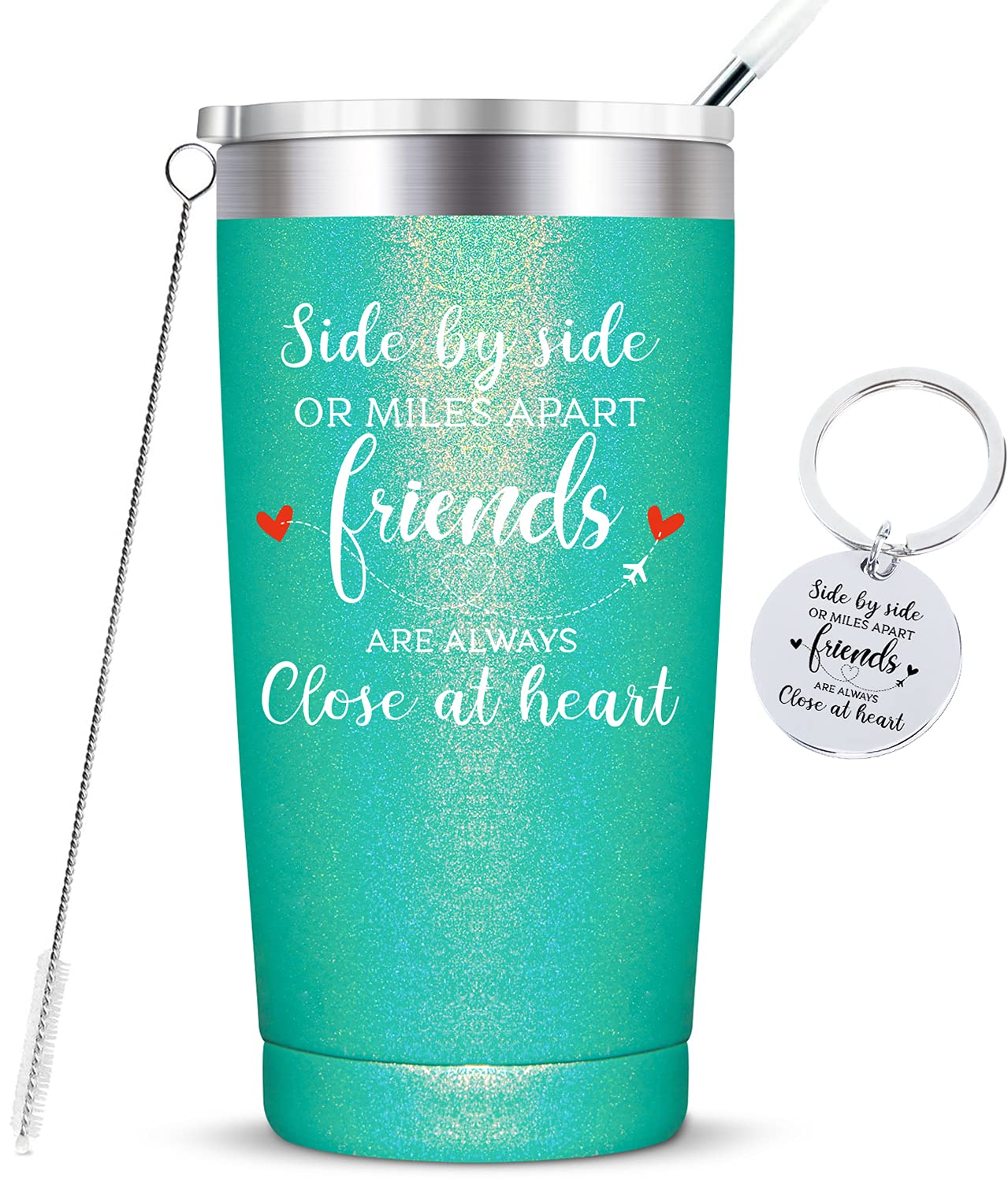 20 oz Stainless Steel Friends Cup with Straw - Glitter Green | Long Distance Friendship Gifts for Women, Best Friend Birthday & Christmas Present | Keeps Drinks Hot/Cold | Perfect for Coffee, Tea, Smoothies & Office/Home Use