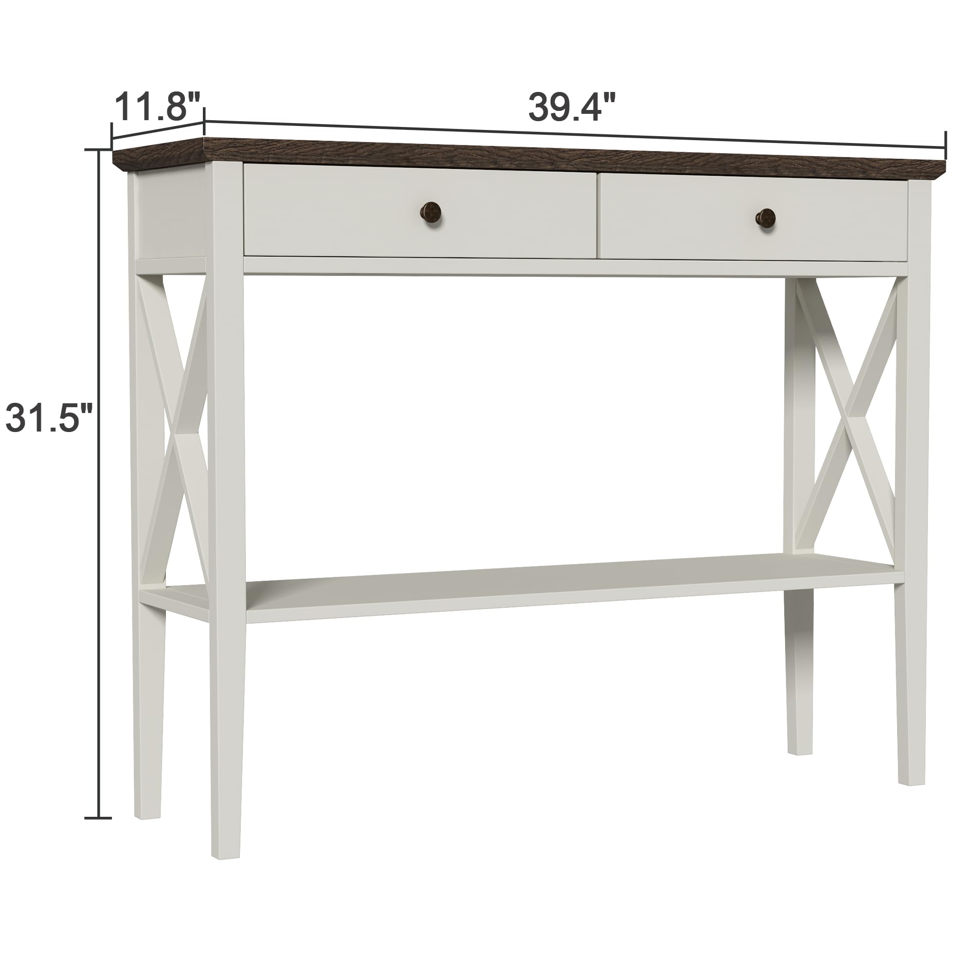 ChooChoo Farmhouse Console Table with Drawers - Narrow Wooden Sofa Table for Entryway, Hallway & Living Room - Antique White & Brown Finish - Perfect for Small Spaces & Home Decor Storage