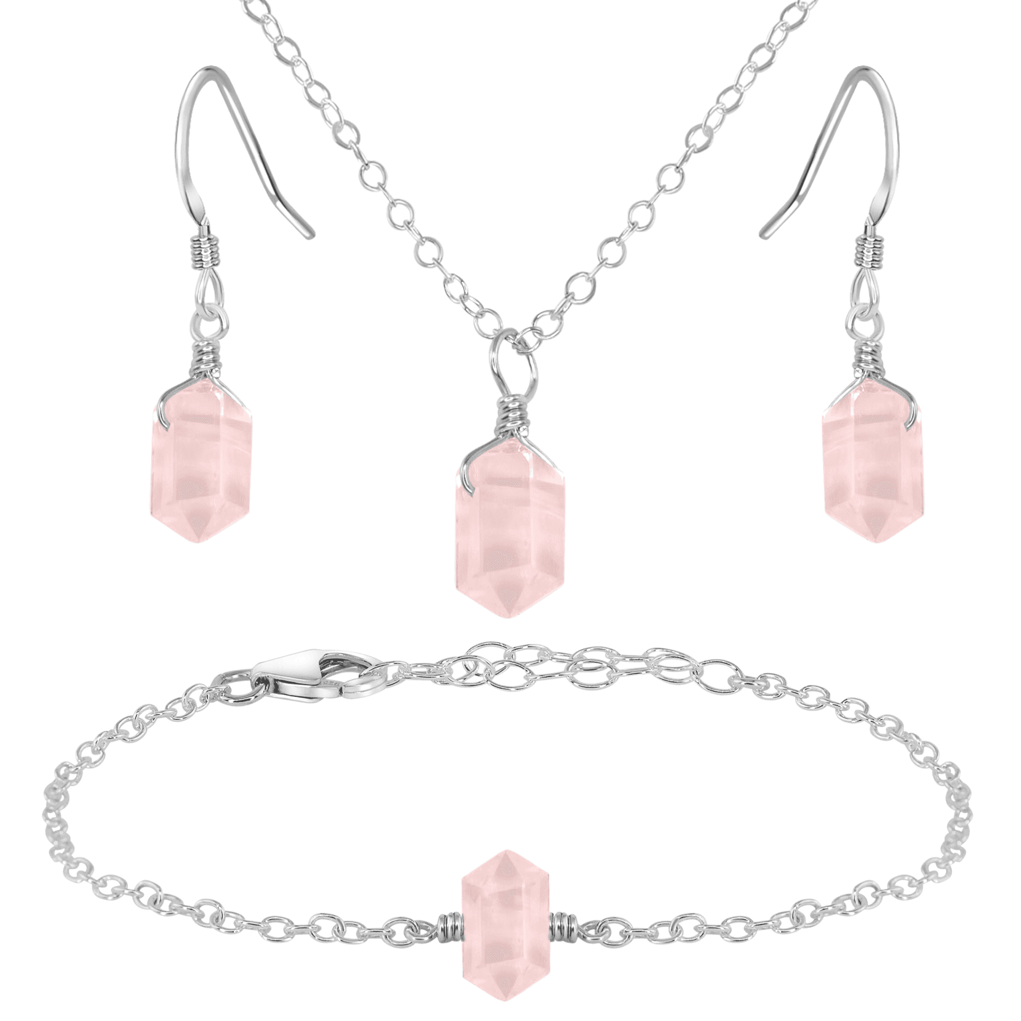Rose Quartz Double Terminated Crystal Jewelry Set - Healing Stone Necklace & Earrings for Women - Perfect for Meditation, Energy Healing & Spiritual Gifts