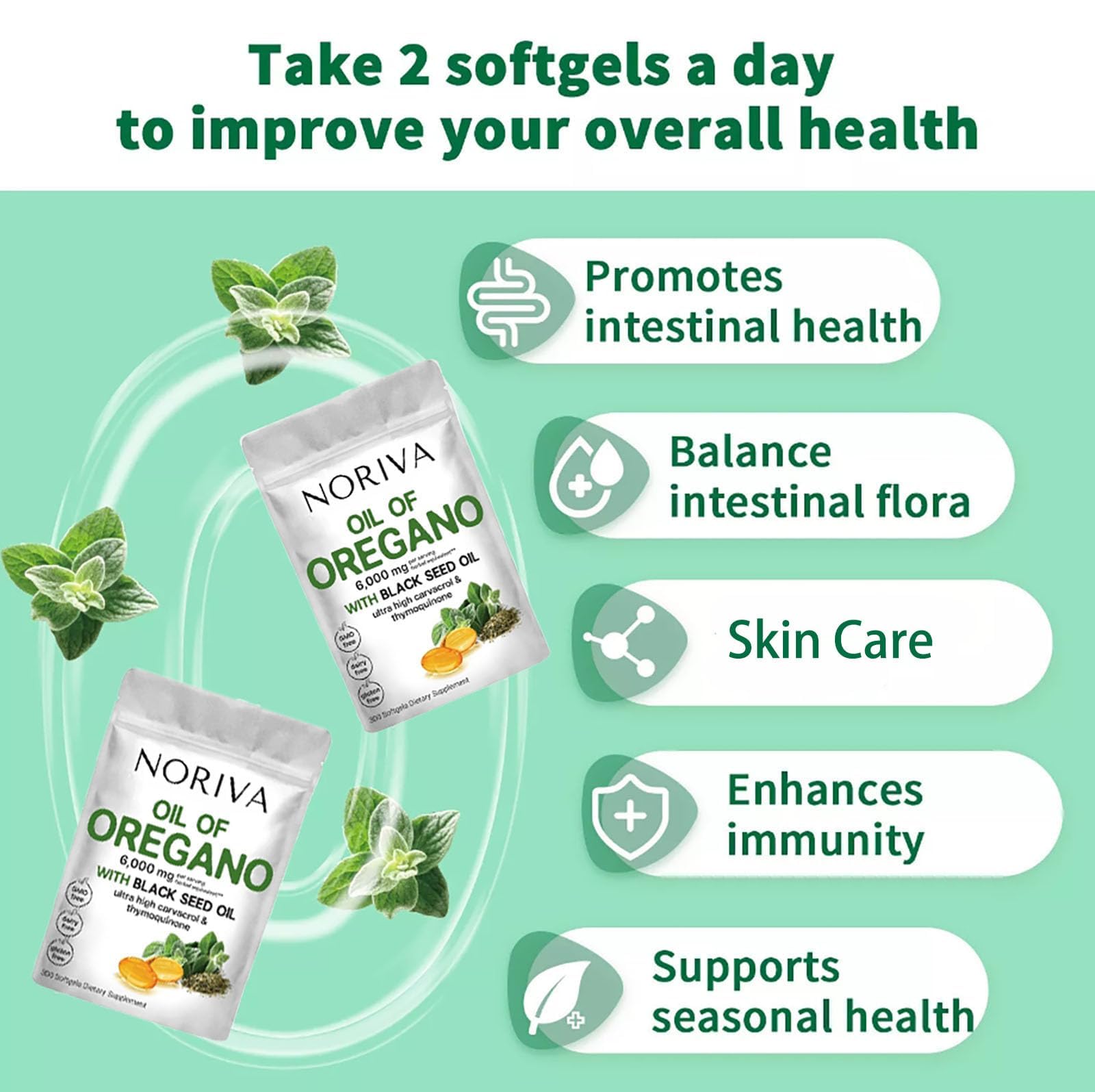 Noriva Oil of Oregano 6000mg Supplement Capsules with Black Seed Oil - Immune Support & Digestive Health - Perfect for Travel & Daily Wellness