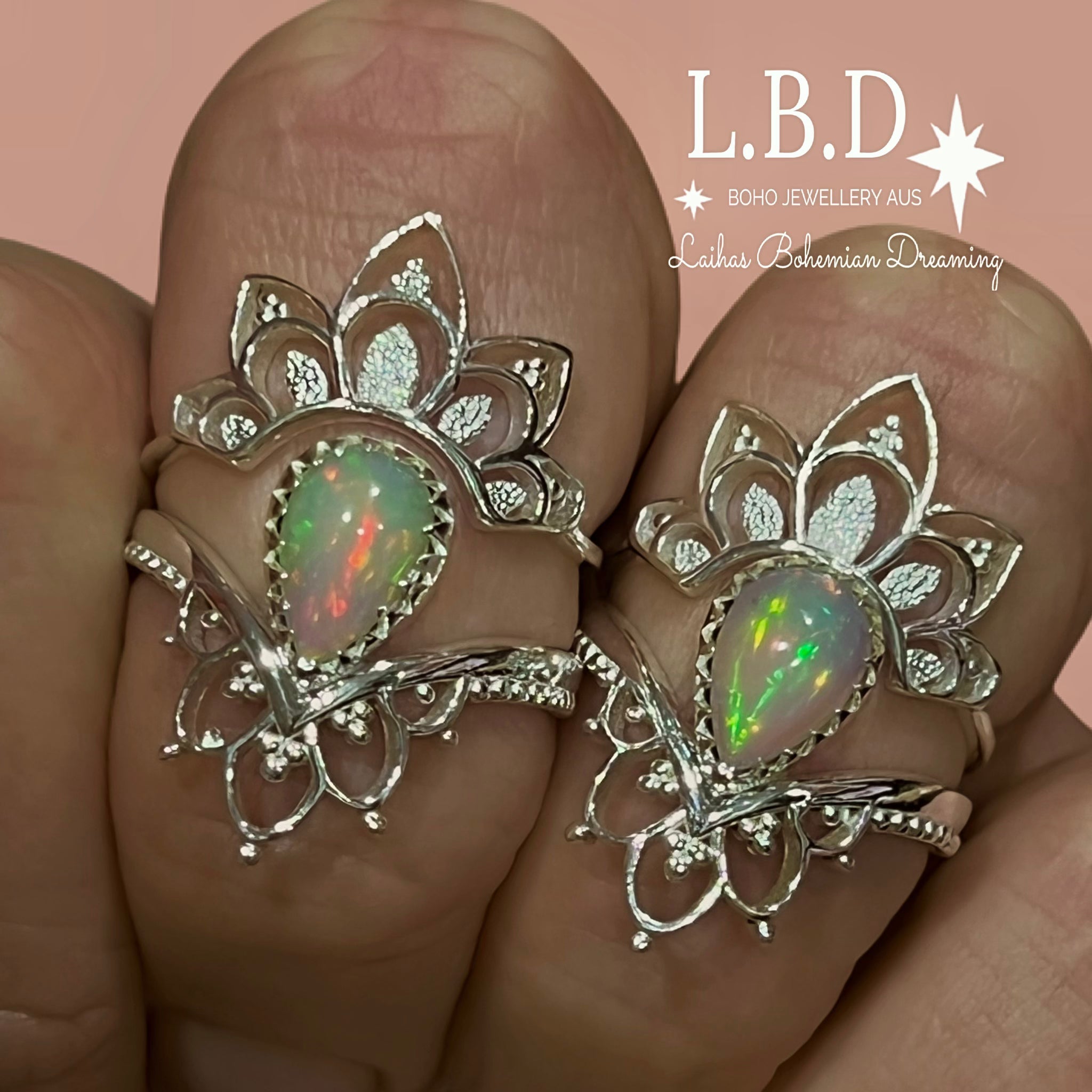 Laihas Daisly Boho Genuine Opal Ring Set for Women - Sterling Silver Stackable Rings - Handmade Bohemian Jewelry for Everyday Wear & Special Occasions