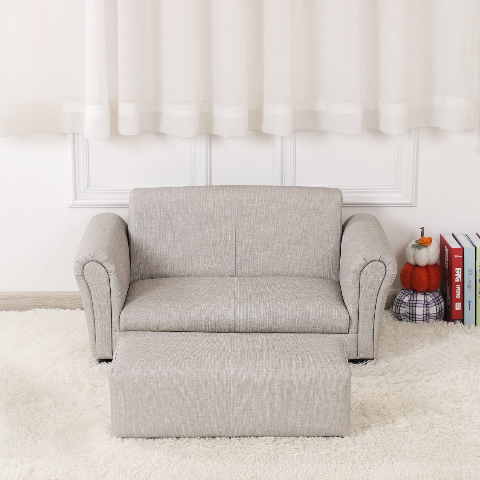 Getifun Kids Sofa Chair with Ottoman - PVC Leather Toddler Couch with Sturdy Plastic Legs, Upholstered Children Armchair for Boys & Girls Under 4 Years Old, Double Seat with Stool (Light Gray) - Perfect for Playroom, Nursery, or Preschool Classroom