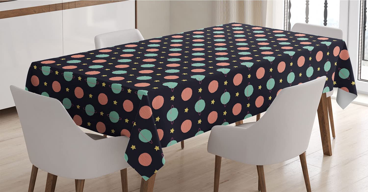 Ambesonne Outer Space Tablecloth - Doodle Pattern Planets & Stars Rectangle Satin Table Cover for Dining Room & Kitchen (52