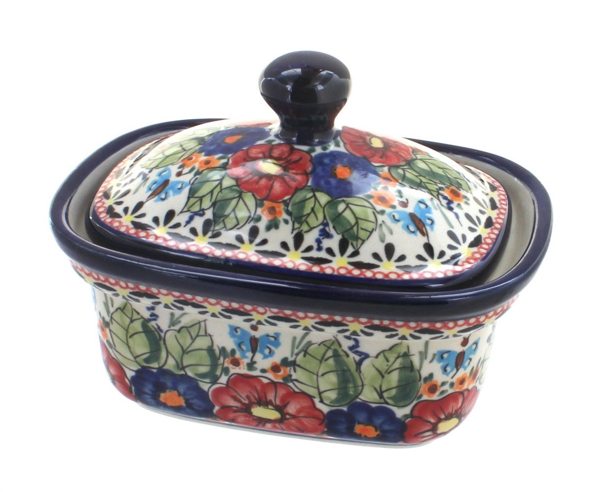 Handmade Blue Rose Polish Pottery Butter Dish with Floral Butterfly Design - Perfect for Kitchen, Dining Table, and Gift Giving