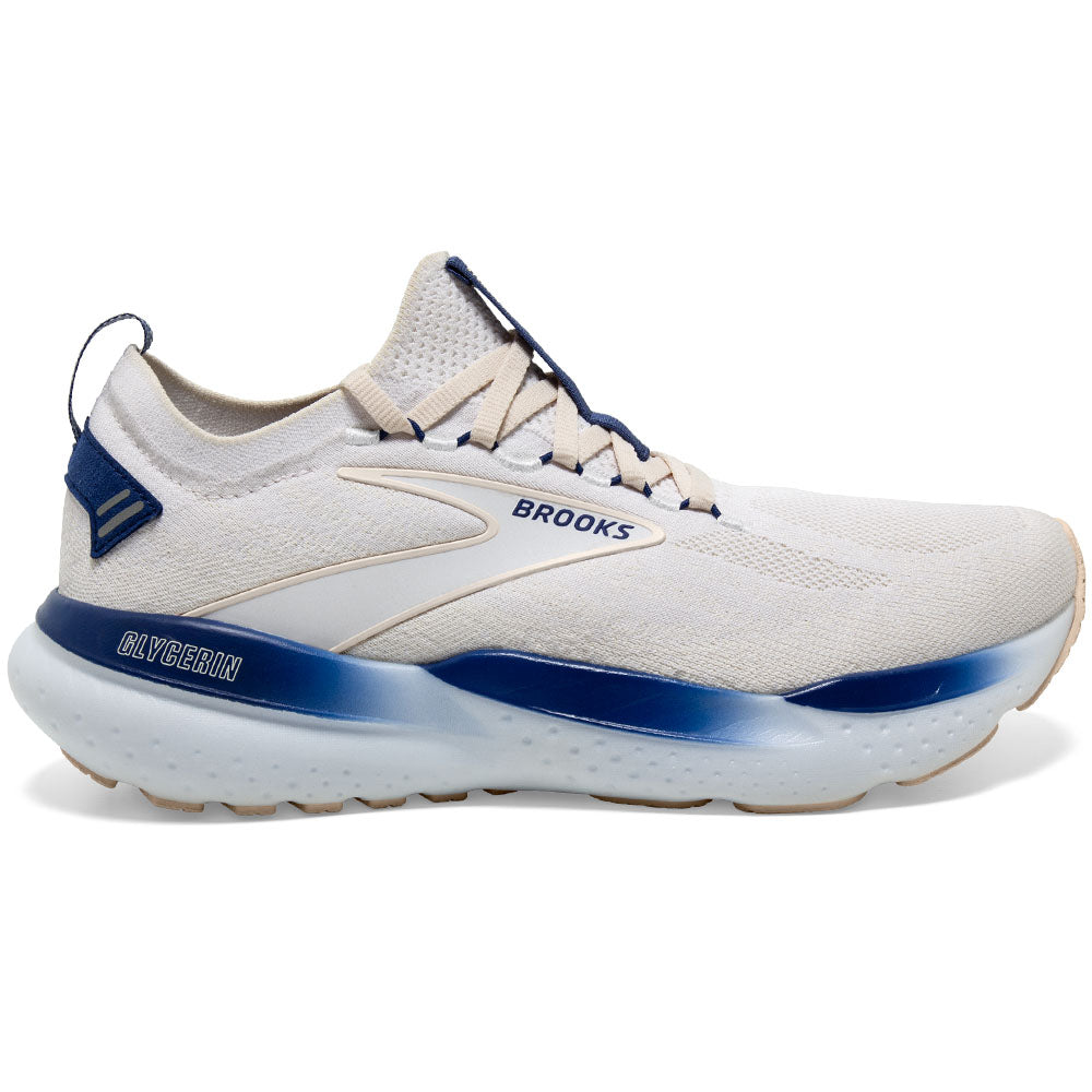 Brooks Glycerin StealthFit 21 Running Shoes for Men - White/Marshmallow/Blue - Size 8.5 D Medium - Lightweight Cushioned Sneakers for Jogging, Training & Daily Wear