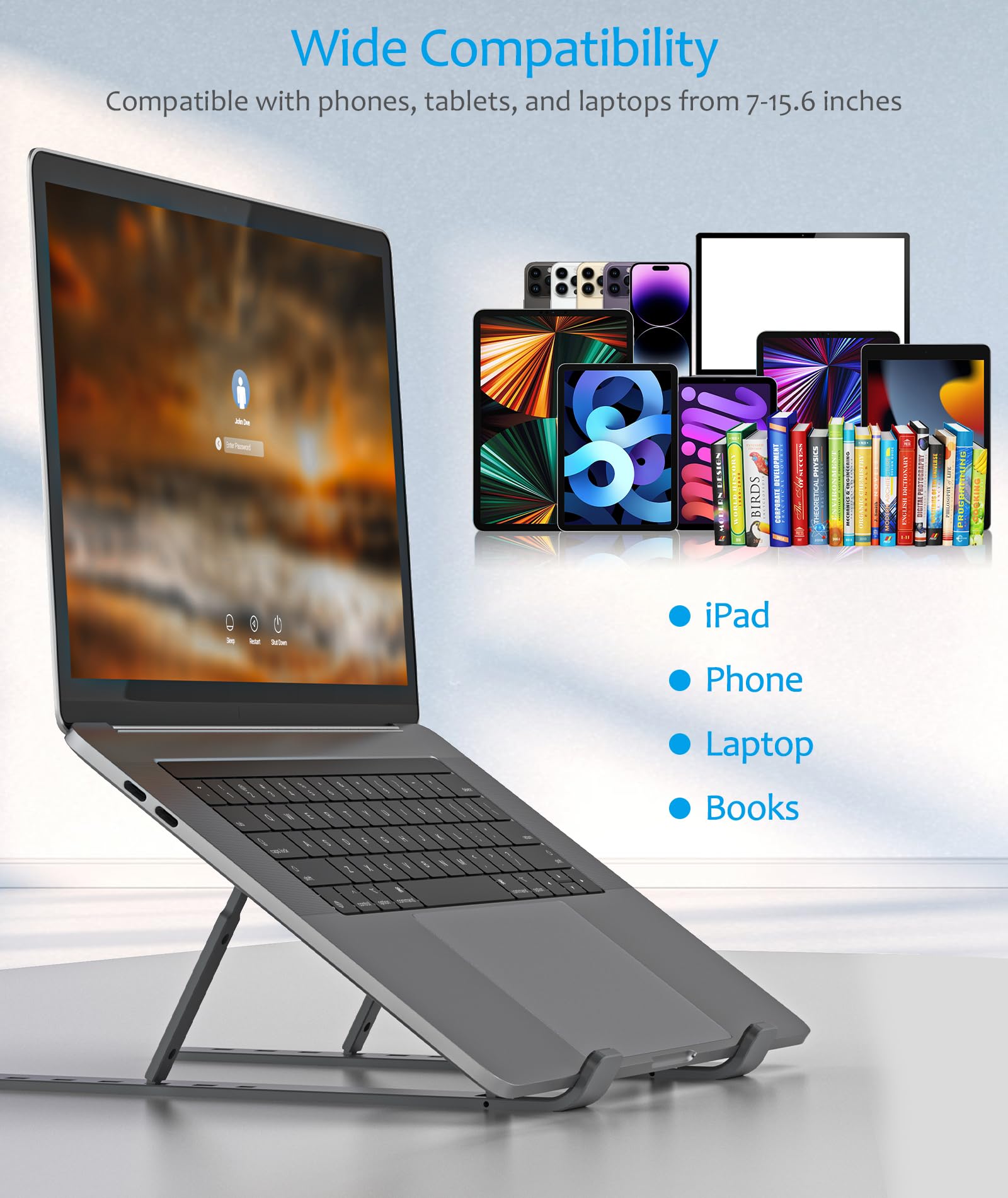 BoYata Aluminum Foldable Laptop Stand with 6 Adjustable Heights - Portable Laptop Riser for MacBook, HP, Lenovo & Dell 10-15.6 Inch Notebooks - Ergonomic Desk Stand for Home, Office & Travel (Grey)