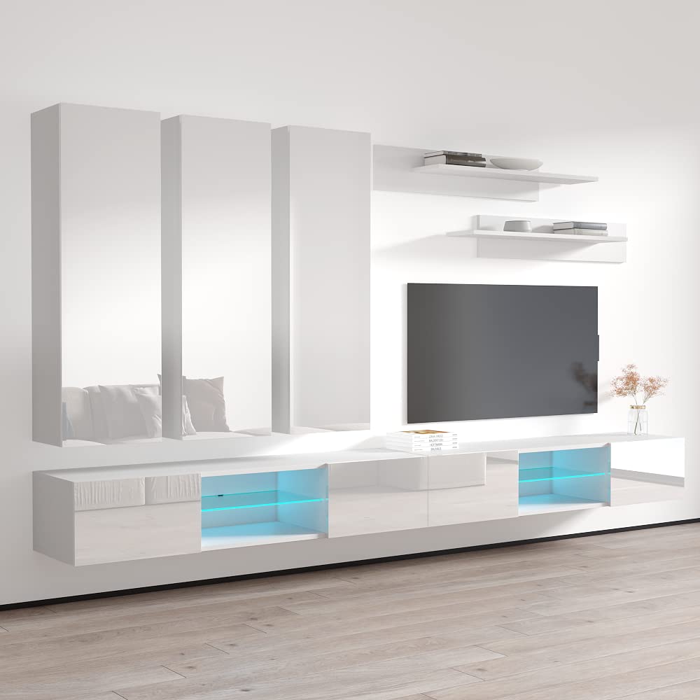 Modern White Wall-Mounted TV Stand with Storage Shelves & LED Lights - E1 33