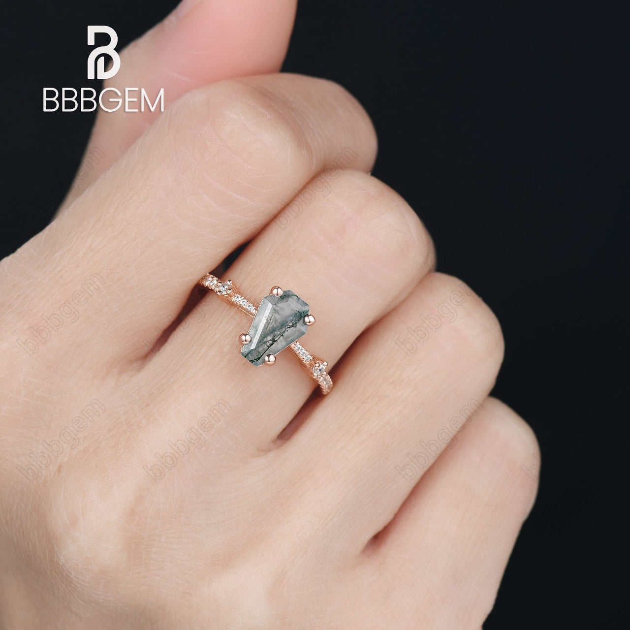 Natural Green Moss Agate Promise Ring with Moissanite Band in Rose Gold & Silver | Unique Coffin Cut Design for Engagement, Wedding & Anniversary Gifts | Handmade Jewelry for Her