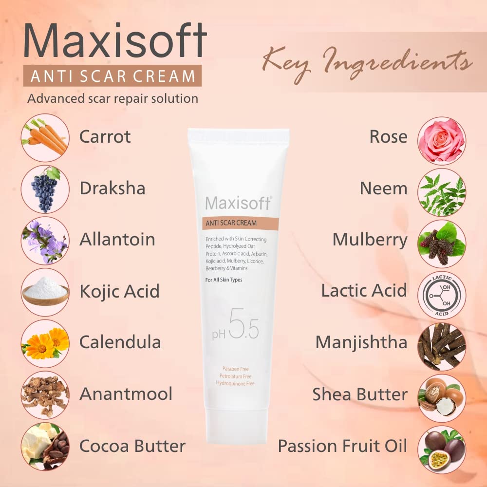 Maxisoft Anti Scar Cream for Acne & Pimple Removal - Dark Spot Corrector, Pigmentation & Blemish Treatment - pH Balanced Facial Cream (25g) - Perfect for Post-Acne Care & Daily Skin Brightening