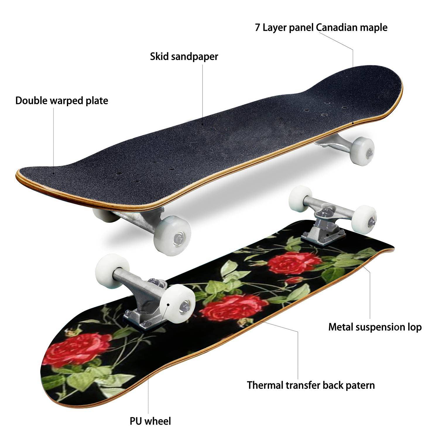 Rose Flower Classic Concave Skateboard - Premium Longboard for Beginners & Professionals | Extreme Sports Equipment | Cool Teen Gifts for Skateboarding Enthusiasts | Perfect for Street Riding, Park Tricks & Commuting