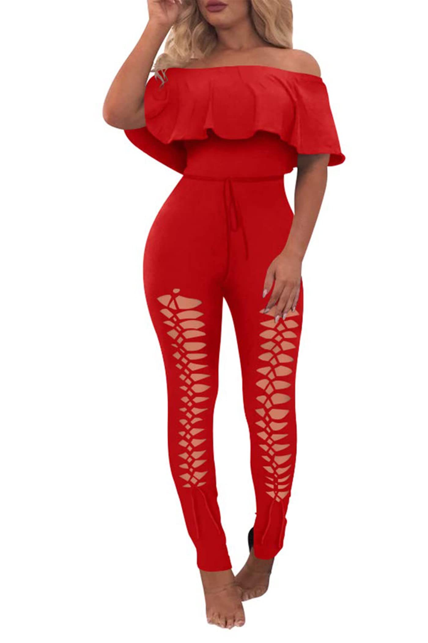 PRETTYGARDEN Women's Sexy Off Shoulder Bodycon Jumpsuit Romper with Ruffle Sleeves & Hollow Out Design - Summer Clubwear, Party Outfit, Date Night Dress