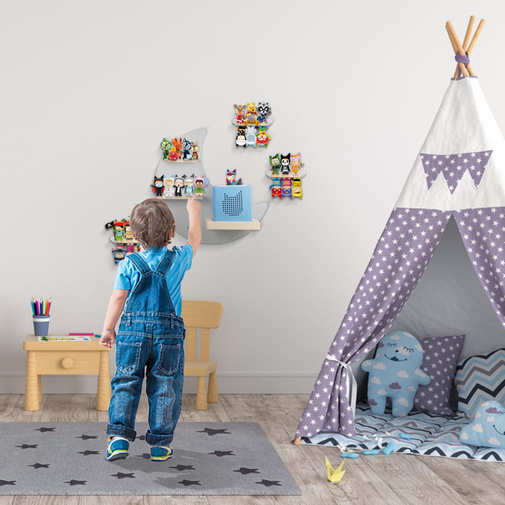 Sun3drucker Floating Shelf Wall Mounted Set of 4 (Moon & Stars) - Magnetic Wooden Shelves for Toniebox Starter Set & Figures | Space-Themed Nursery Decor for Kids Room Organization & Display