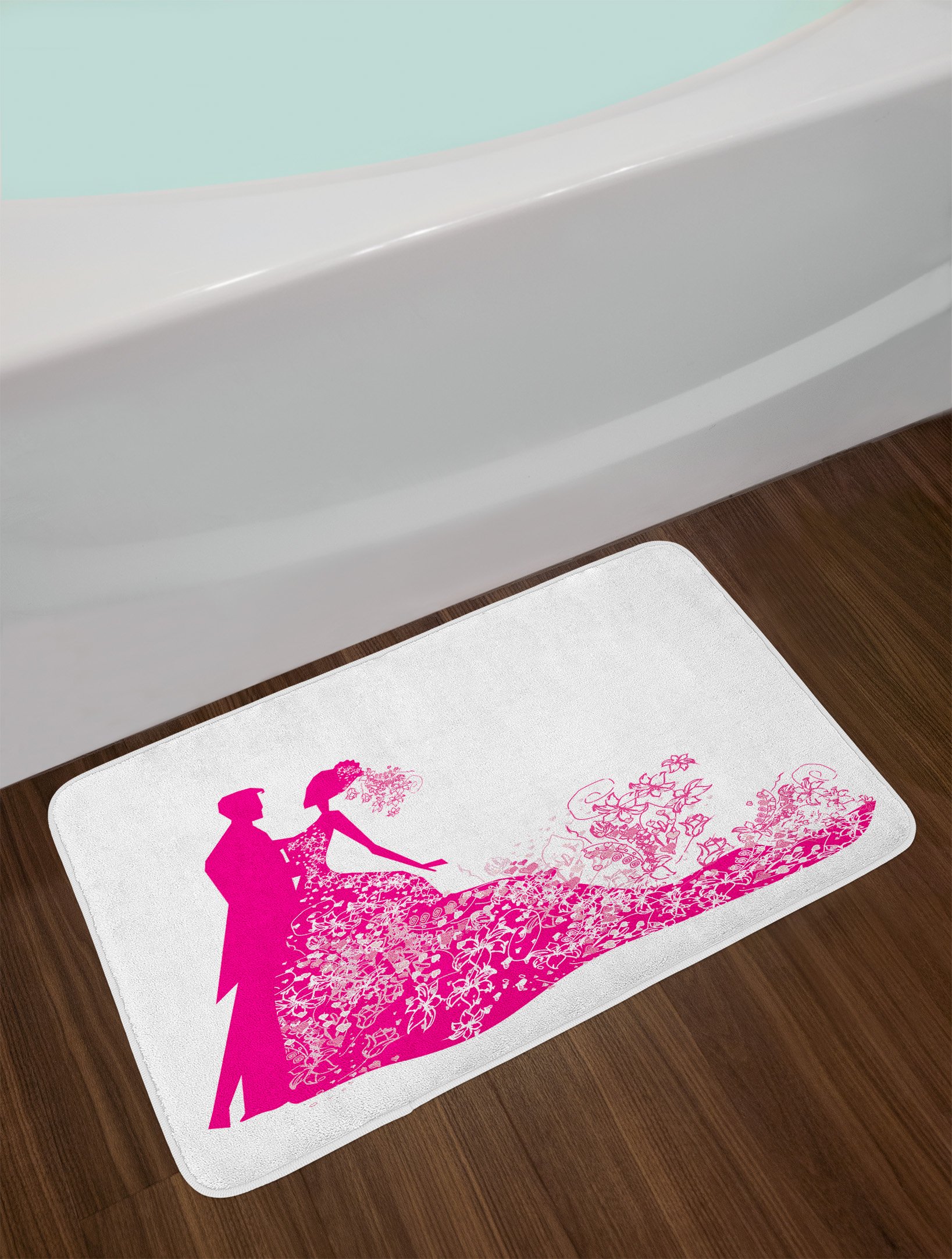 Ambesonne Plush Wedding Bath Mat - Non-Slip Couple Silhouette Floral Design, 30.2 x 20 Inches, Magenta & White - Perfect for Bridal Showers, Anniversary Gifts & Bathroom Decor