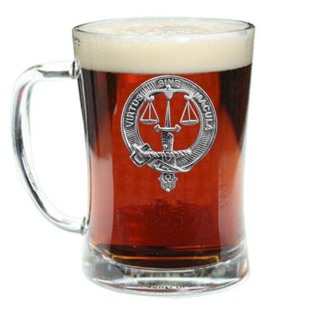 Russell Scottish Clan Crest Badge Glass Beer Mug - Traditional Scottish Drinking Cup for Pub, Home & Gifts - Perfect for St. Patrick's Day, Celtic Weddings & Whiskey Tasting