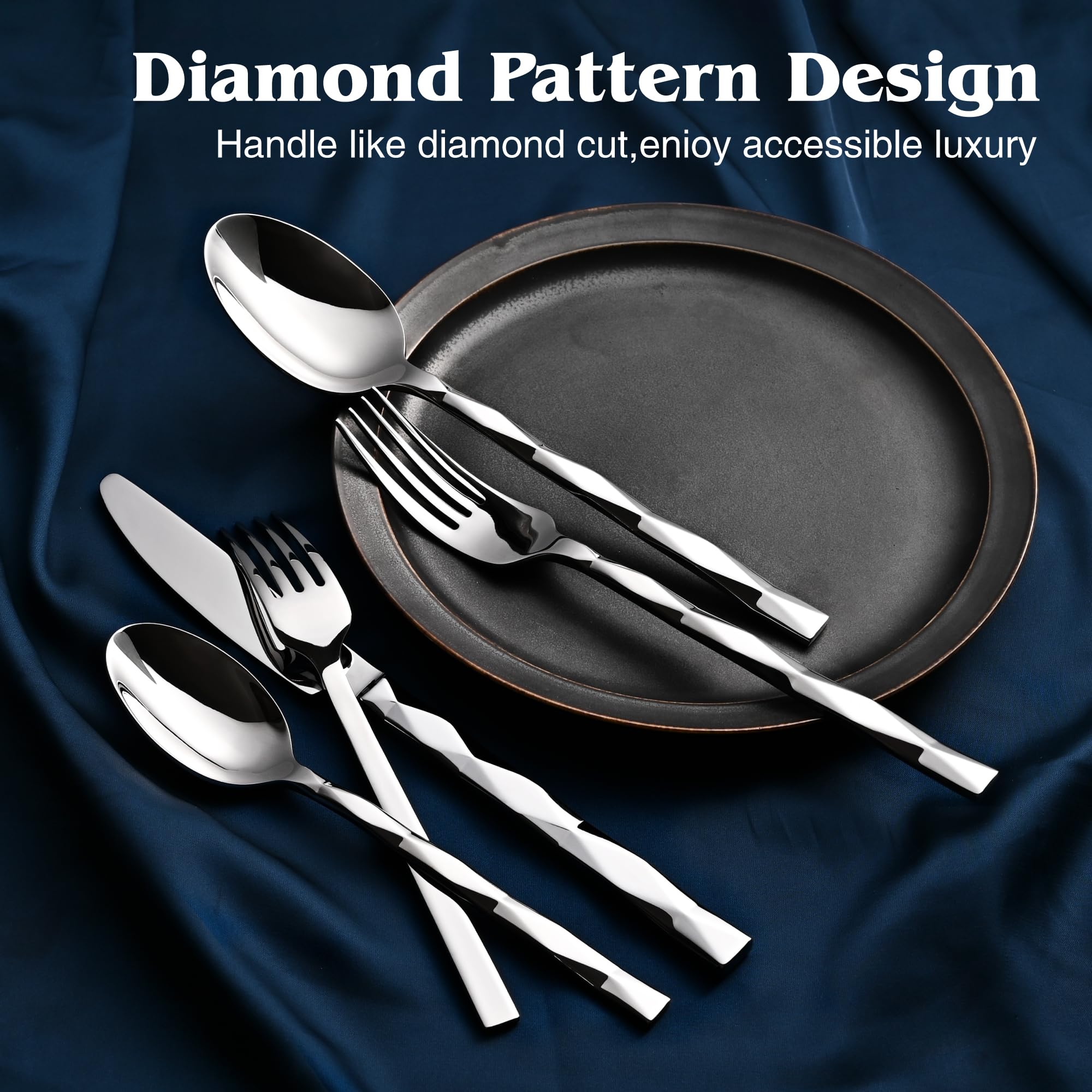 Premium 40-Piece Silverware Set for 8 - 18/10 Stainless Steel Flatware with Diamond Cut Pattern - Luxury Cutlery Set for Kitchen, Dining, Wedding & Party - Mirror Polished & Dishwasher Safe - Elegant Table Setting for Fine Dining & Entertaining