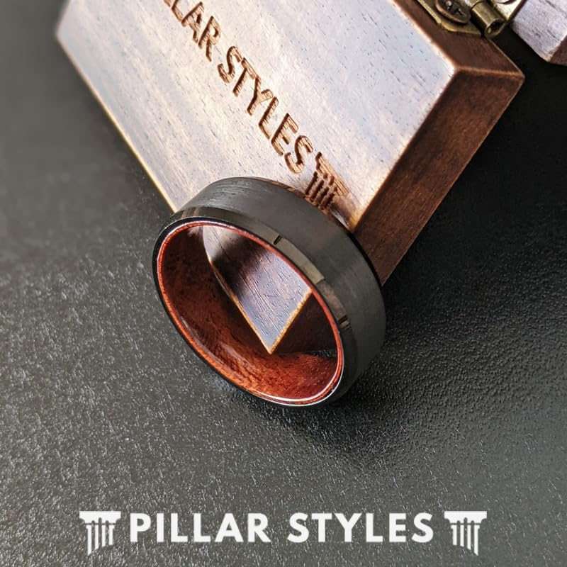 Men's Black Wood Wedding Band - 8mm Tungsten Ring with Rose Wood Inlay & Beveled Edges - Unique Nature-Inspired Anniversary Gift for Him - Perfect for Outdoor Weddings, Vow Renewals & Nature Lovers