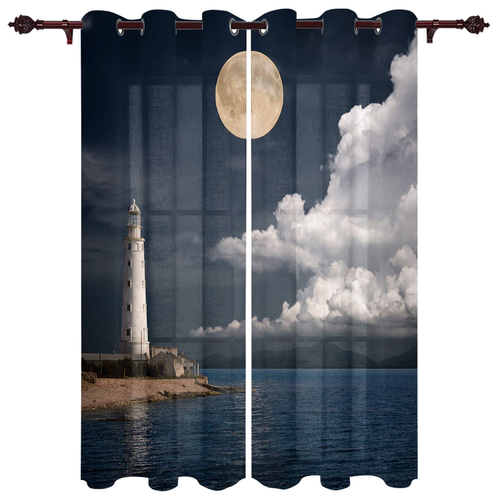 Blackout Curtains for Bedroom & Living Room - 52x72 Inch Darkening Window Panels with Moon & Lighthouse Design | Perfect for Light Blocking, Privacy & Sleep | 2 Panels Set
